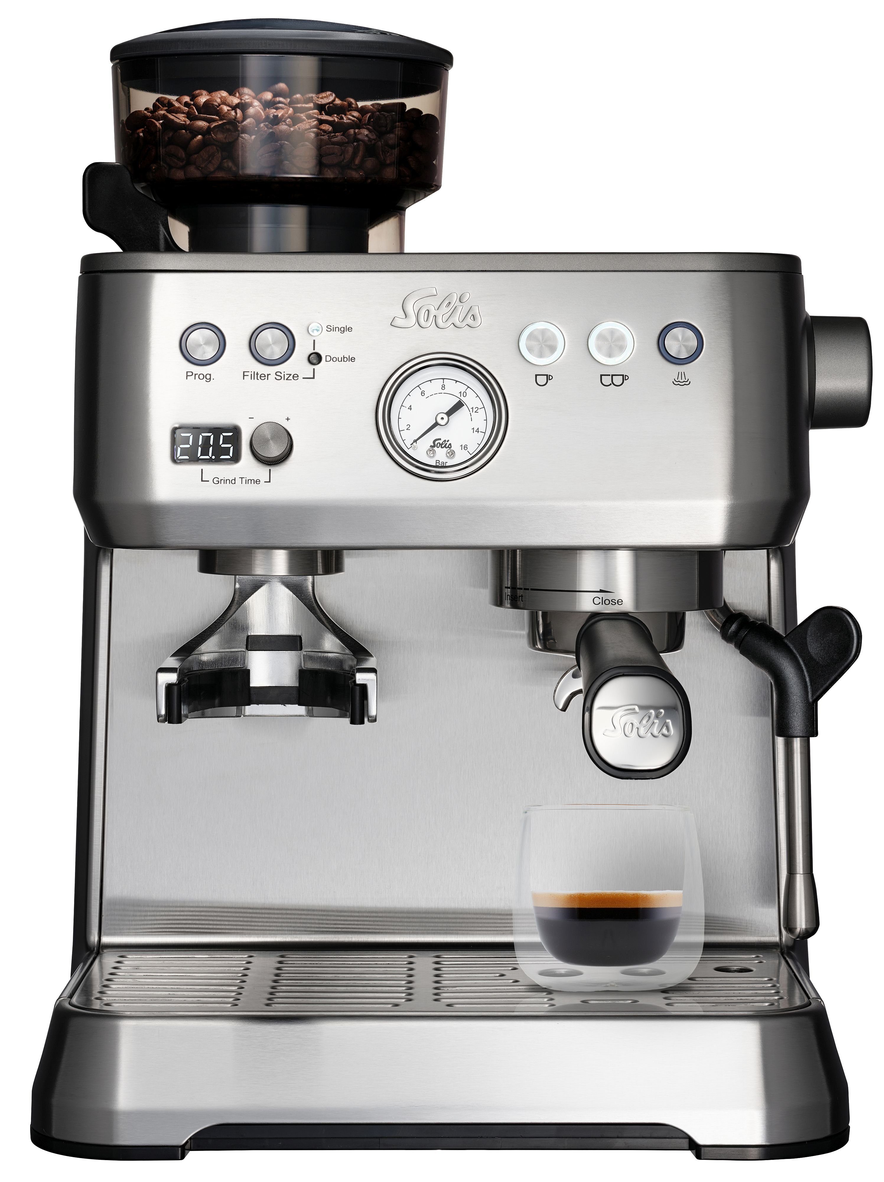 SOLIS OF SWITZERLAND Siebträgermaschine, Siebträger 54 mm, 54 mm Siebhalter, Milchaufschäumer, Bohnenmahlwerk