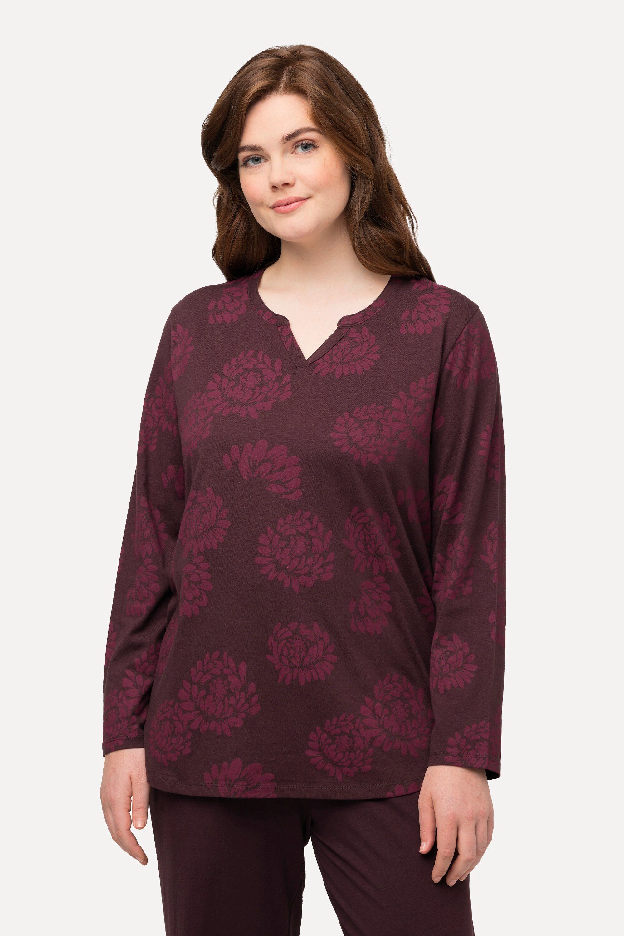 Ulla Popken Pyjamaoberteil Pyjama-Shirt floraler Druck Tunika-Ausschnitt rot