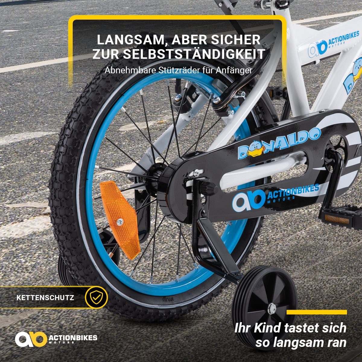 Actionbikes Motors Kinderfahrrad Kinder Fahrrad BMX Donaldo inkl. Korb, 1 Gang, ohne Schaltung, (V-Brake-Bremsen, Luftbereifung, Schutzbleche)