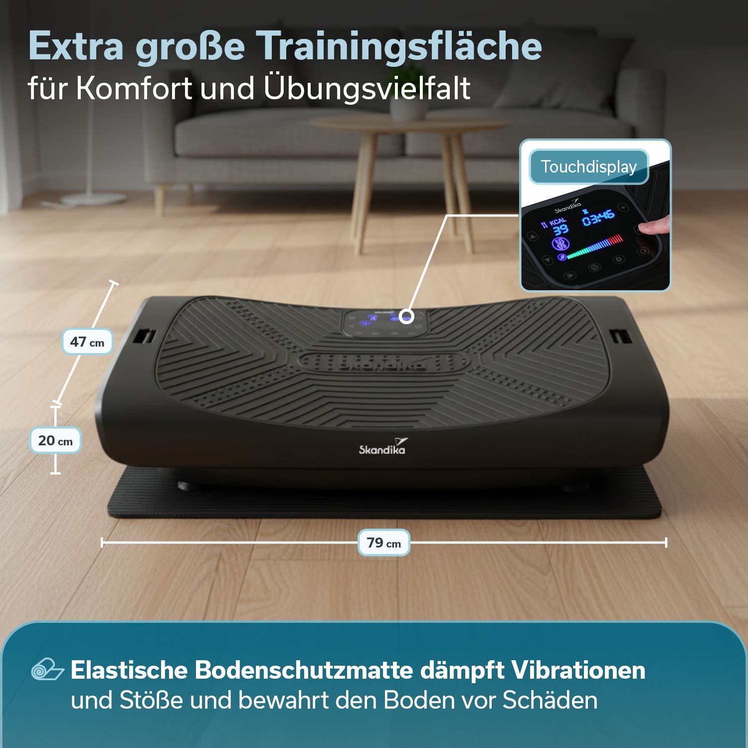 Skandika Vibrationsplatte für Zuhause 4D, V3000 Plus, Oszillierende Vibration bis 40 Hz, (Bodenschutzmatte aus synthetischem Kautschuk), Bodenschutzmatte, 60 Stufen, 3 + 1 Programme, Curved Technology