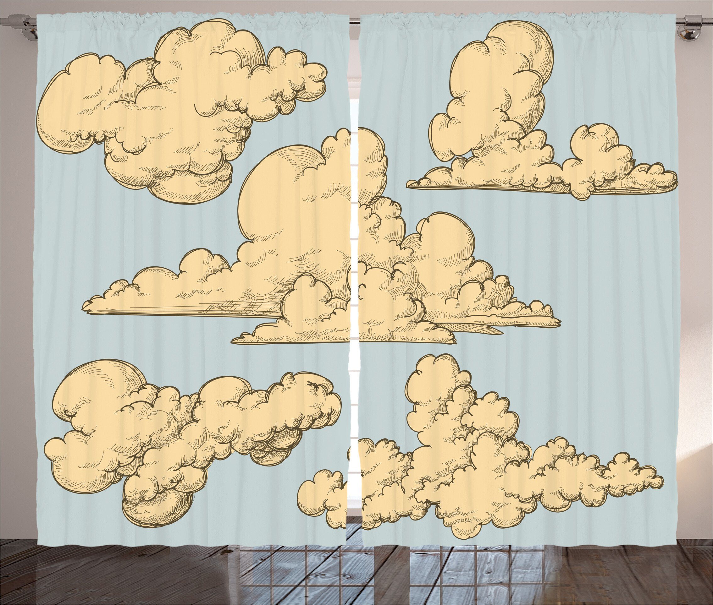 Gardine Schlafzimmer Kräuselband Vorhang mit Schlaufen und Haken, Abakuhaus, Kids Cartoon Fluffy Clouds Kunst