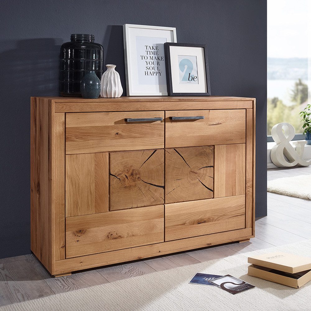 Lomadox Sideboard WINNIPEG-69, Kommode 110cm, Eiche massiv geölt, Hirnholz-Details, montiert