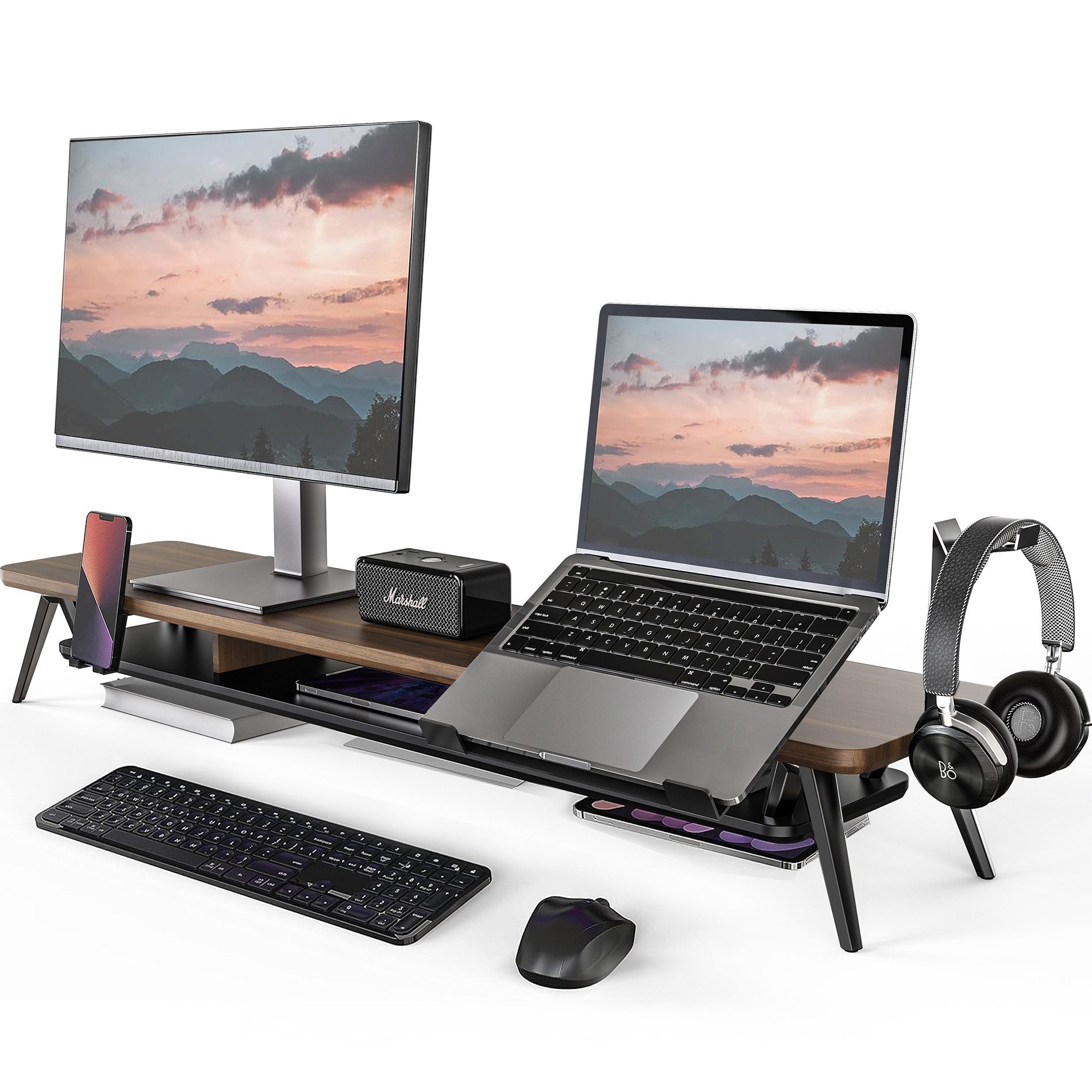 Fenge Monitorständer mit Handyhalterung, Laptop-Ständer und Kopfhörerhaken, 108 cm breit, (Laptop-Ständer verstellbar, wasserabweisend, kratzfest)