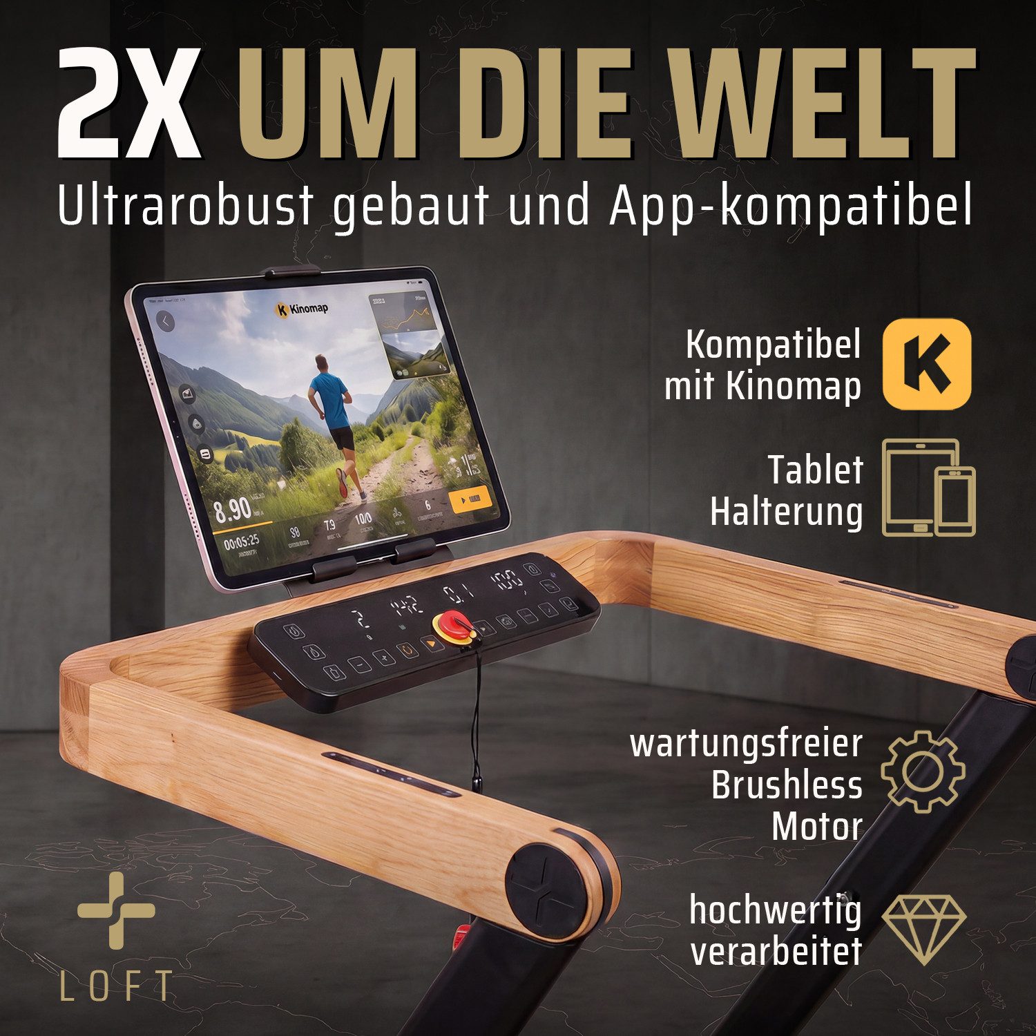 SportPlus Laufband klappbar für zuhause, leise, bis 150kg, Holz Design, App, Fitness, SportPlus Holzlaufband, faltbar, App-Kompatibilität, FSC®-zertifiziert