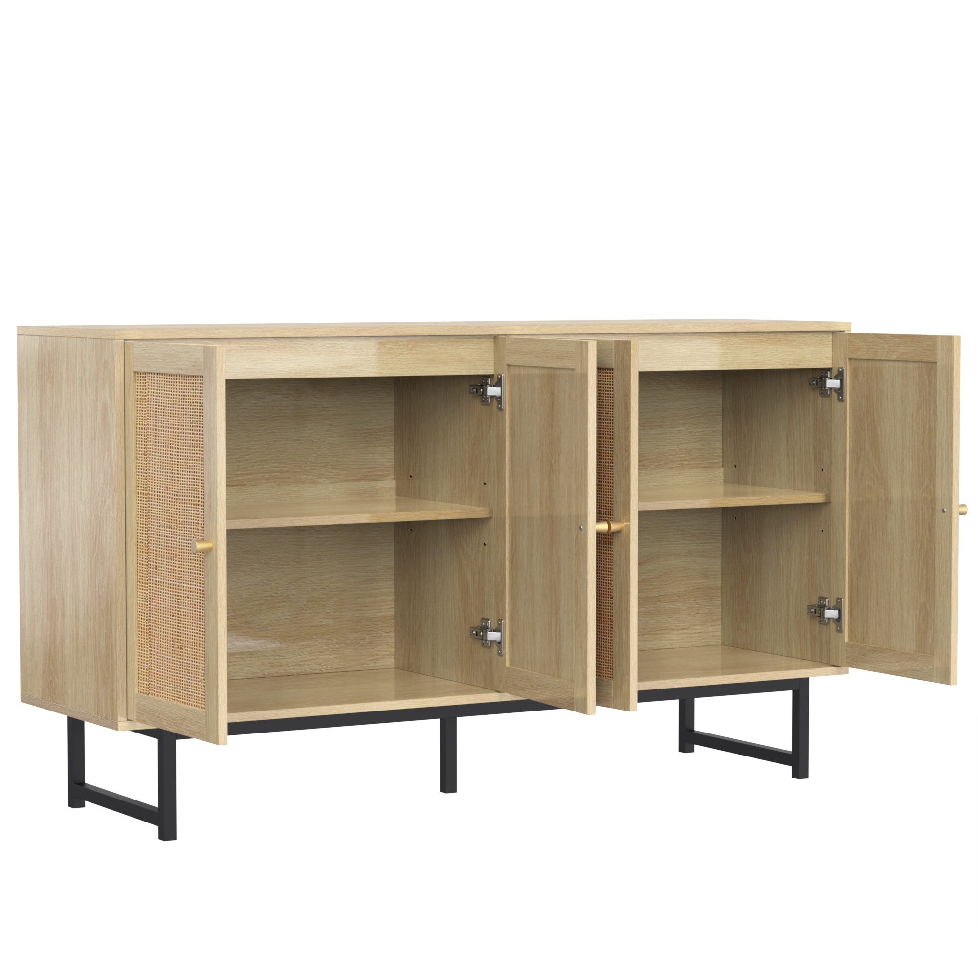 Yorbay Sideboard aus echtem Rattan, Landhaus & Scandi Design, mit 4 Schiebtüren aus echtem Rattangeflecht, 140x39,5x80 cm