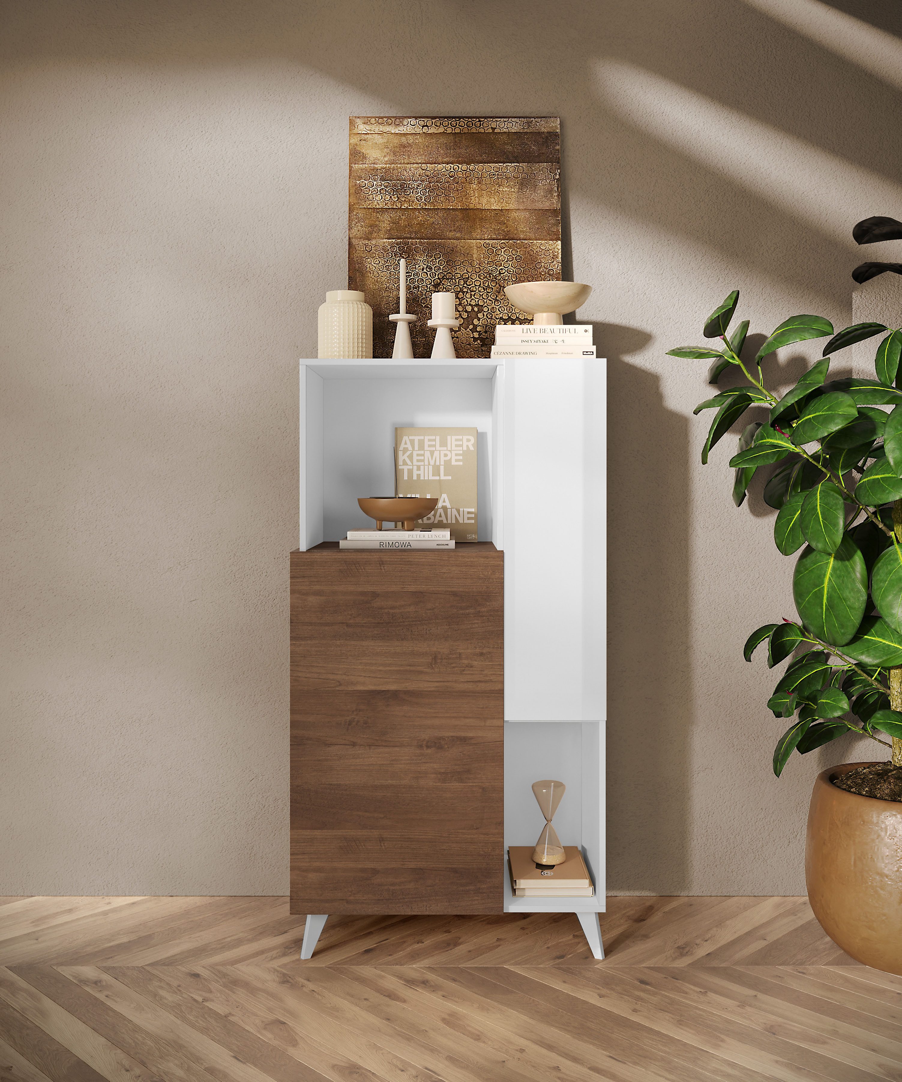Home affaire Highboard Monaco Höhe 154 cm, Stauraumschrank mit 2 Türen (4 Fächer) und 2 offen, Hohe, schmale Kommode – sanftes Schließen, edles Design, viel Platz