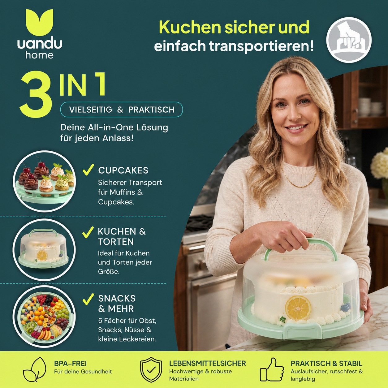 uandu home Kuchentransportbox Tortentransportbox mit Haube und Griff, Kuchenbehälter, Tortenbehälter, (Tortentransportbox mit Haube und Griff, BPA Frei Tortenbehälter), Dishwasher Safe