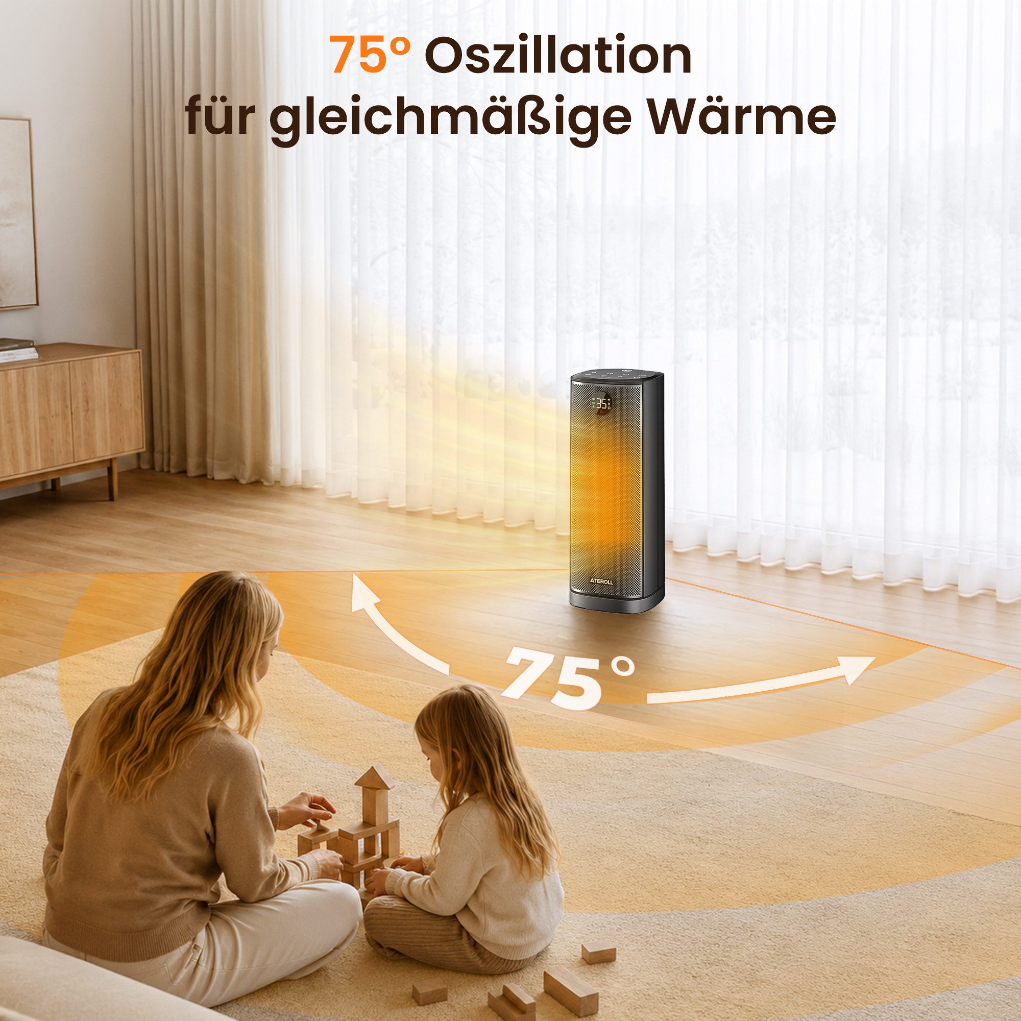 ATEROLL Heizlüfter energiesparend & leise heizgerät,Fernbedienung,Oszillation & Timer, 2000W Keramikheizlüfter mit LED-display, Überhitzungs und Kippschutz – Bild 5 von 5