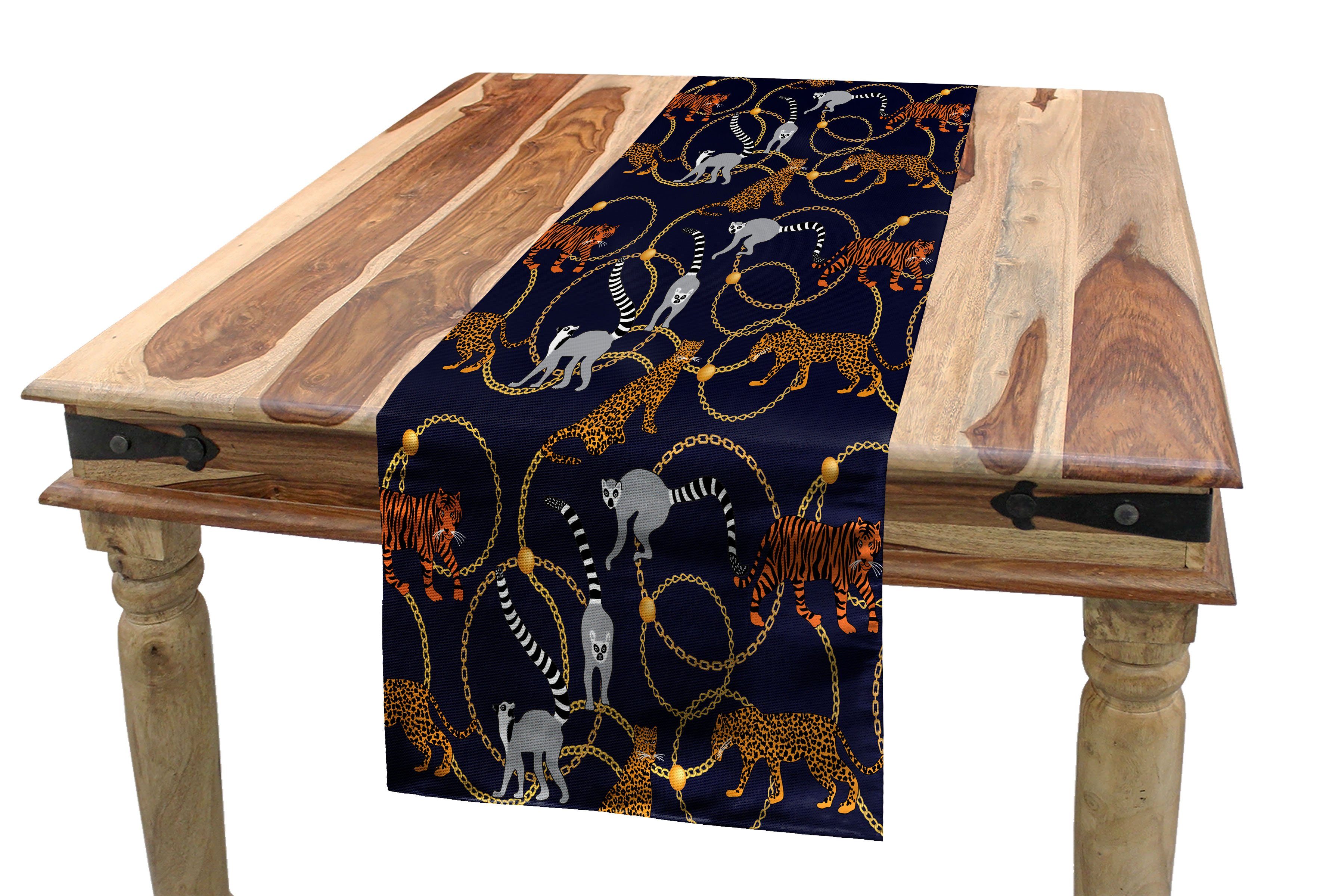 Abakuhaus Tischläufer Esszimmer Küche Rechteckiger Dekorativer Tischläufer, Lemur Tiger Leopard Ketten Exotische