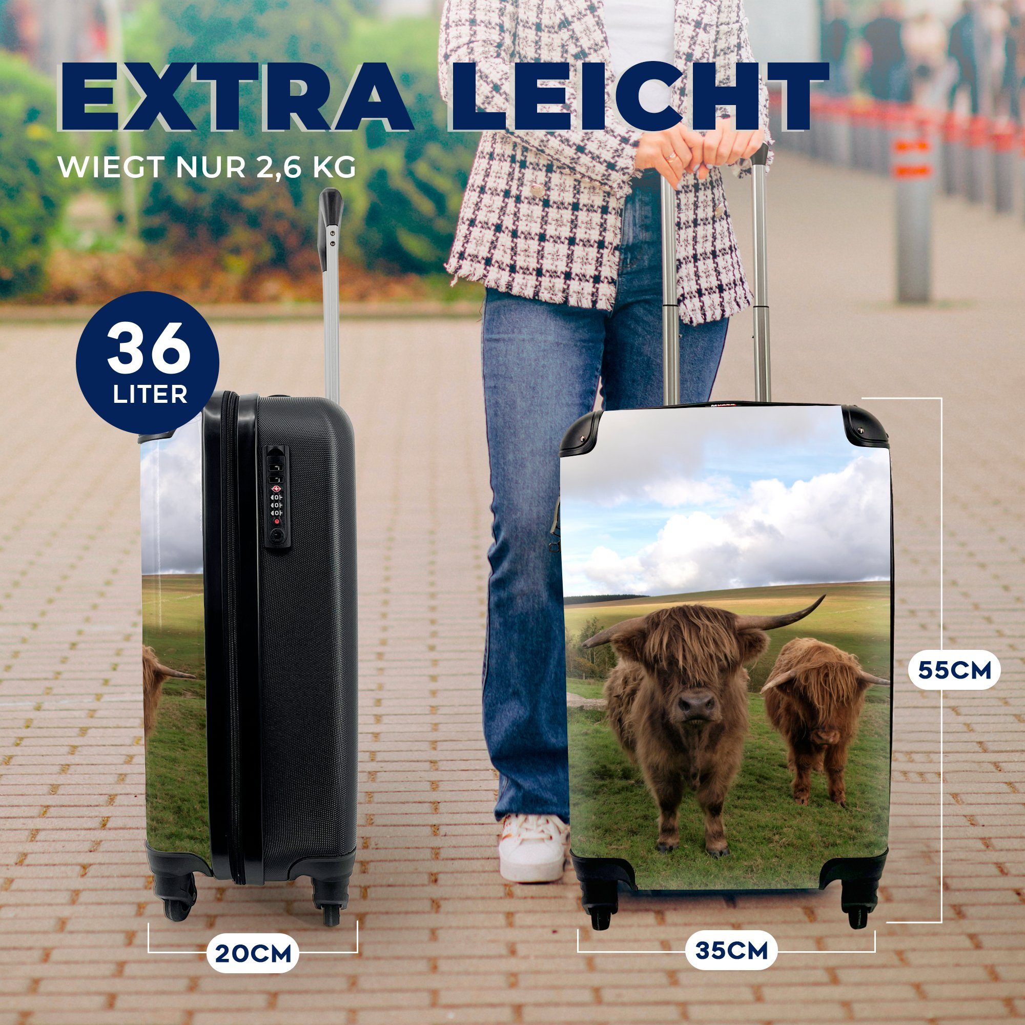 MuchoWow Handgepäckkoffer Reisekoffer Highlander für Handgepäck - rollen, Natur, mit - Reisetasche Trolley, Ferien, 4 Kühe Rollen, Schottische