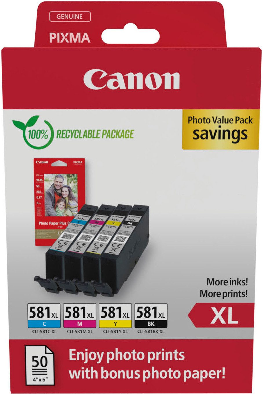 Canon CLI-581XL BK/C/M/Y Tinte mit hoher Reichweite + Fotopapier Value Pack Tintenpatrone