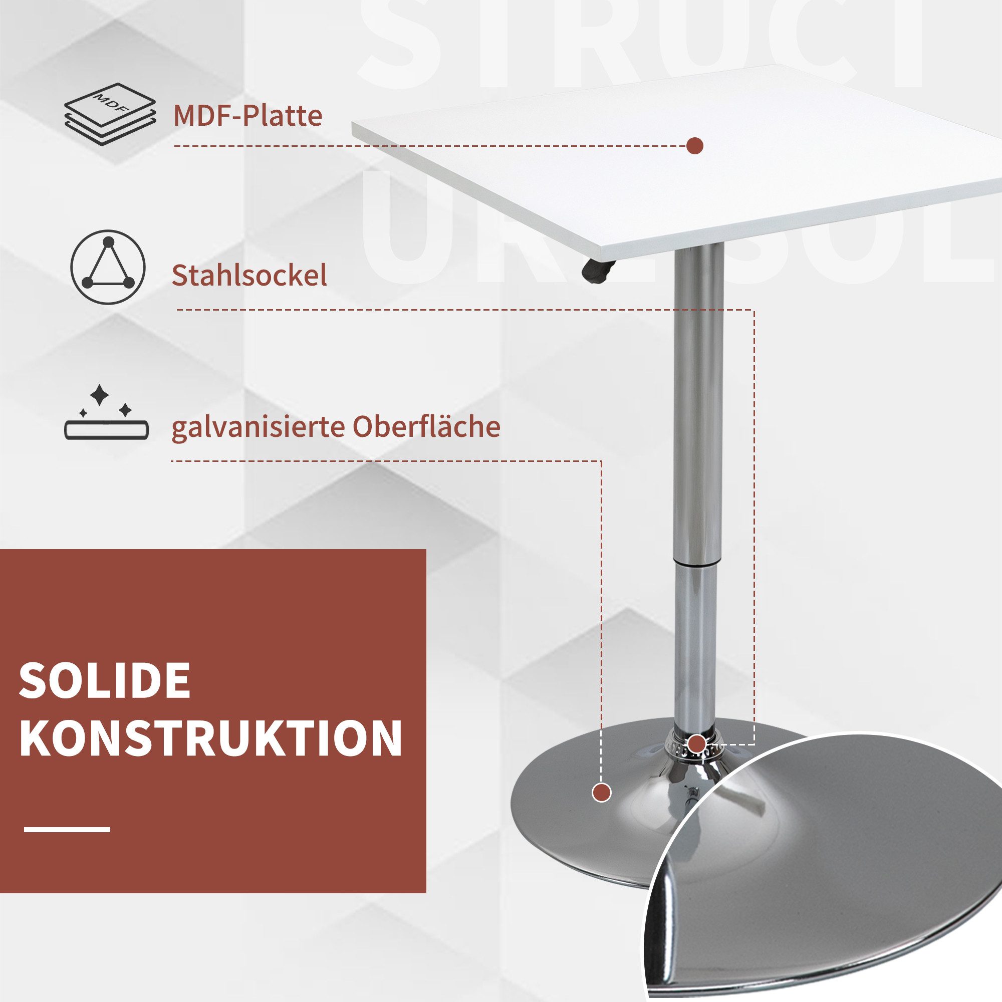 HOMCOM Bartisch Höhenverstellbar Stehtisch mit Drehbar Tischplatte, Rutschfest (Küchentisch für Wohnzimmer, Esszimmer, 1-St., Esstisch), 360° drehbar, Weiß – Bild 5 von 5