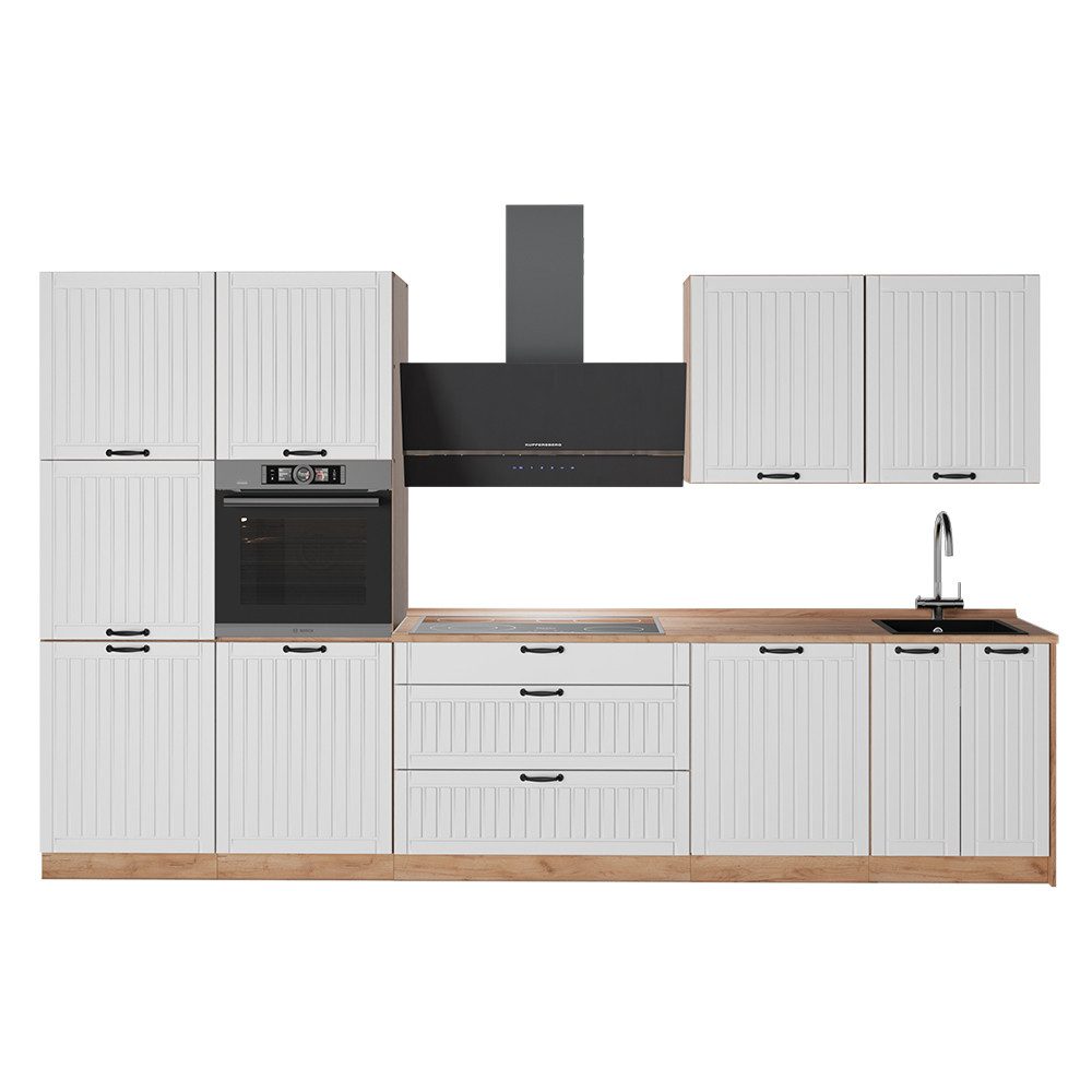 Vicco Küchenzeile Fame-Line, Weiß Landhaus/Goldkraft Eiche, 340 cm, AP Eiche