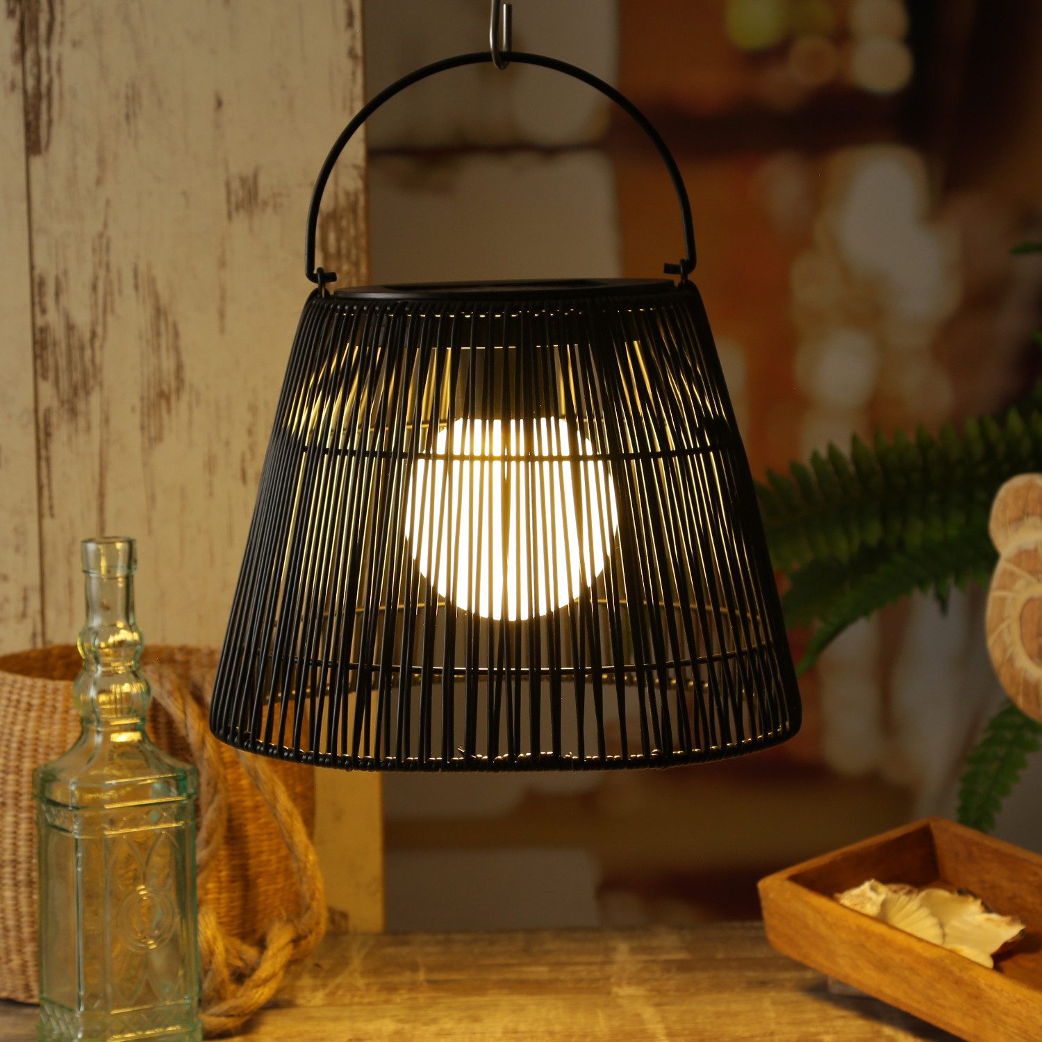 MARELIDA LED Laterne LED Solar Laterne Hängeleuchte in Rattanoptik Solarleuchte schwarz, LED Classic, warmweiß (2100K bis 3000K)