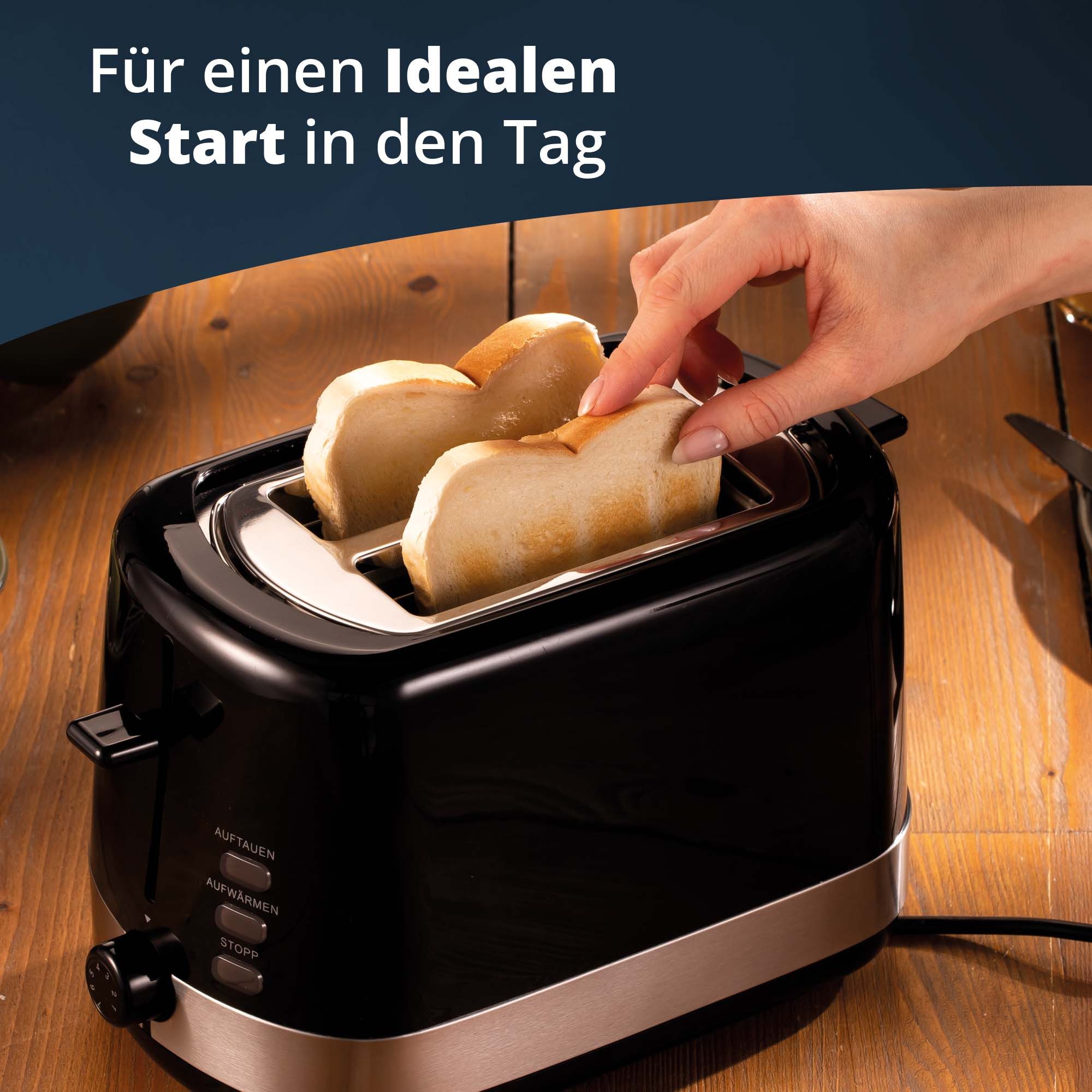 KHG Toaster Schwarz, Auftau- und Aufwärmfunktion, 7 stufenlose Bräunungsstufen, 2 kurze Schlitze, für 2 Scheiben, 850 W, Edelstahl, Brötchenaufsatz, Krümelschublade