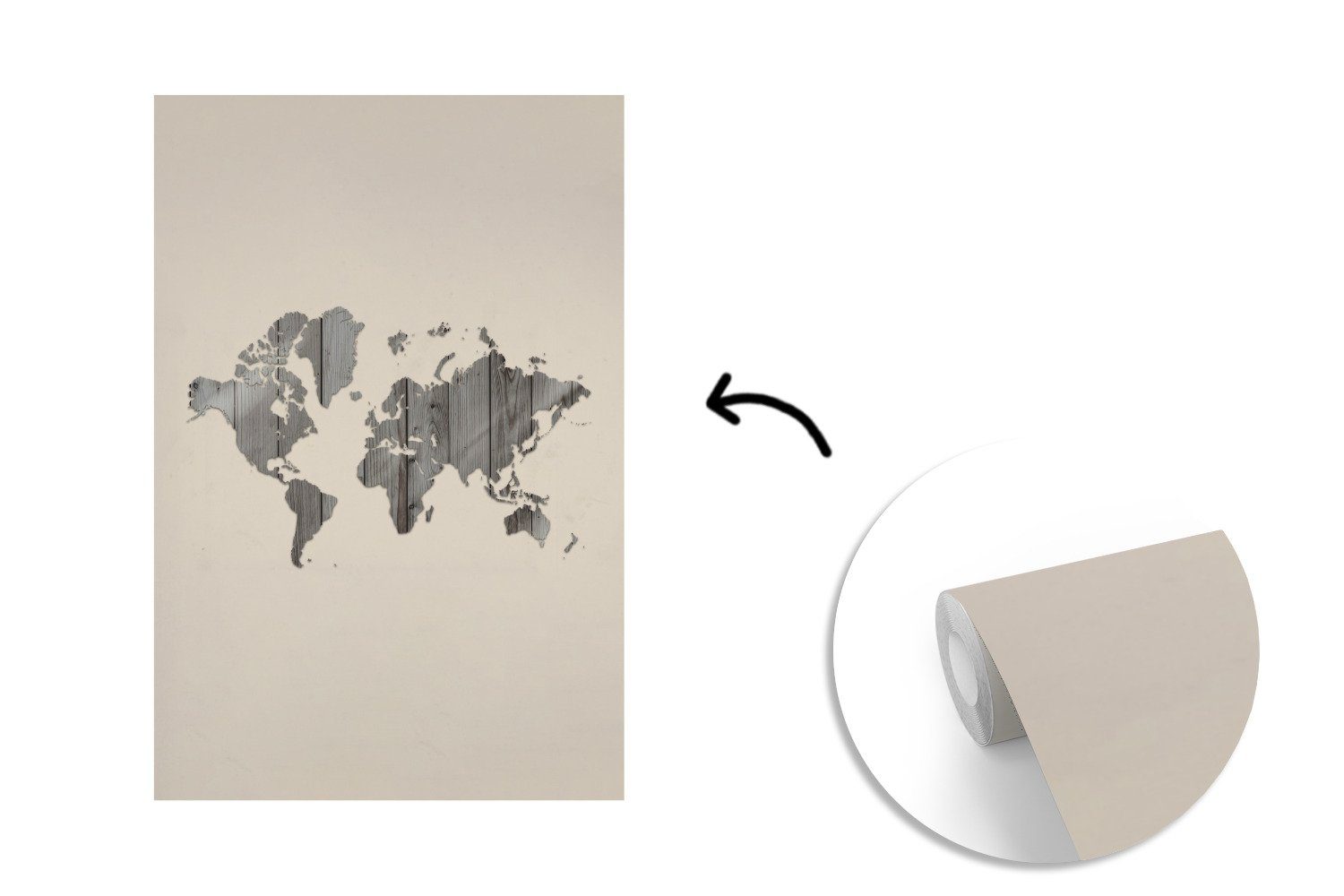 MuchoWow Fototapete Weltkarte - für Montagefertig Wandtapete Vinyl Tapete St), bedruckt, Wohnzimmer, - (3 Matt, Grau, Holztafel