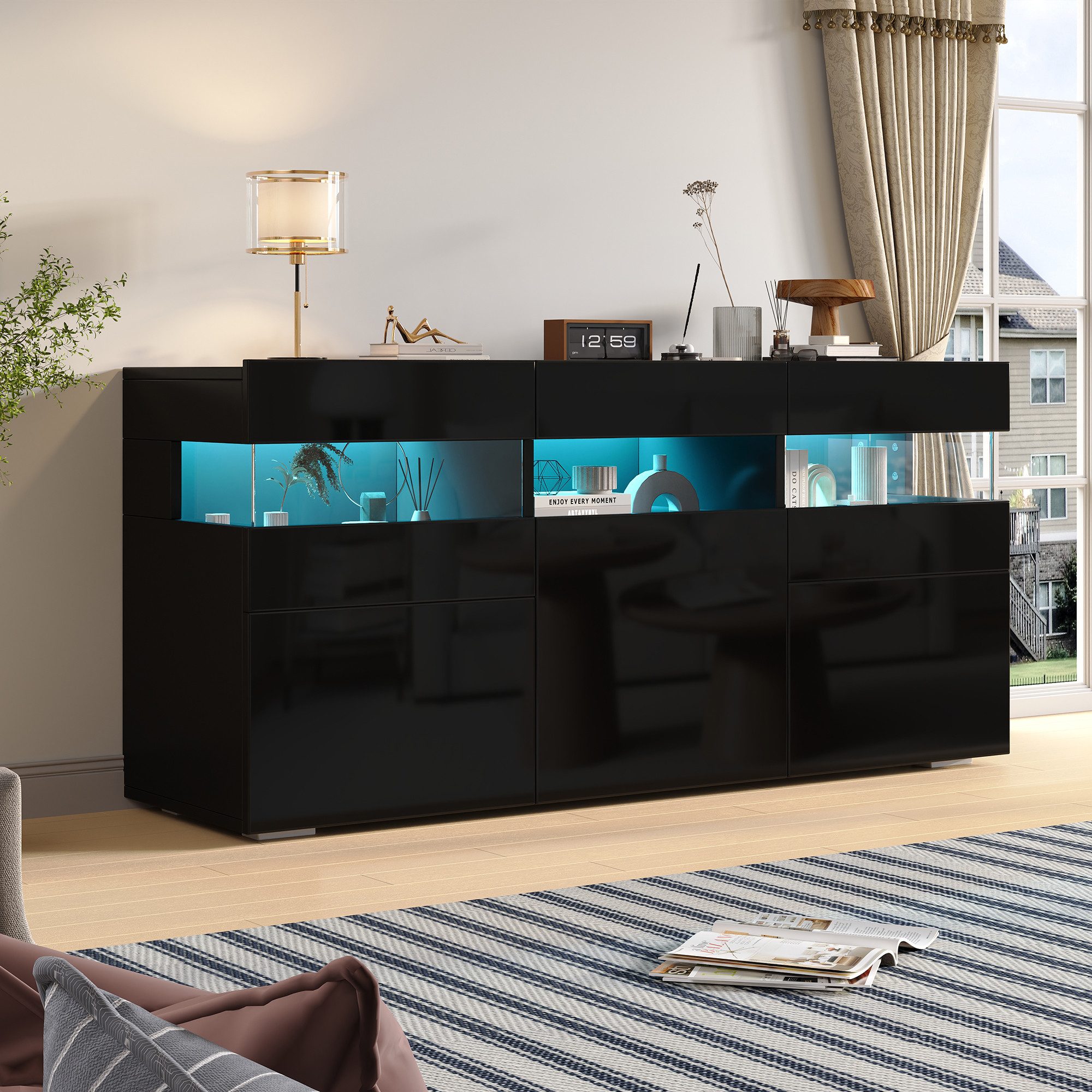 Merax Sideboard mit LED-Lichtleiste, Anrichte in Weiß mit Hochglanzfront (1 St., 140*40.5*66.5cm), Wohnzimmerschrank Kommode mit 3 Türen, 7 Ablagefächern, Acryl-Elemente