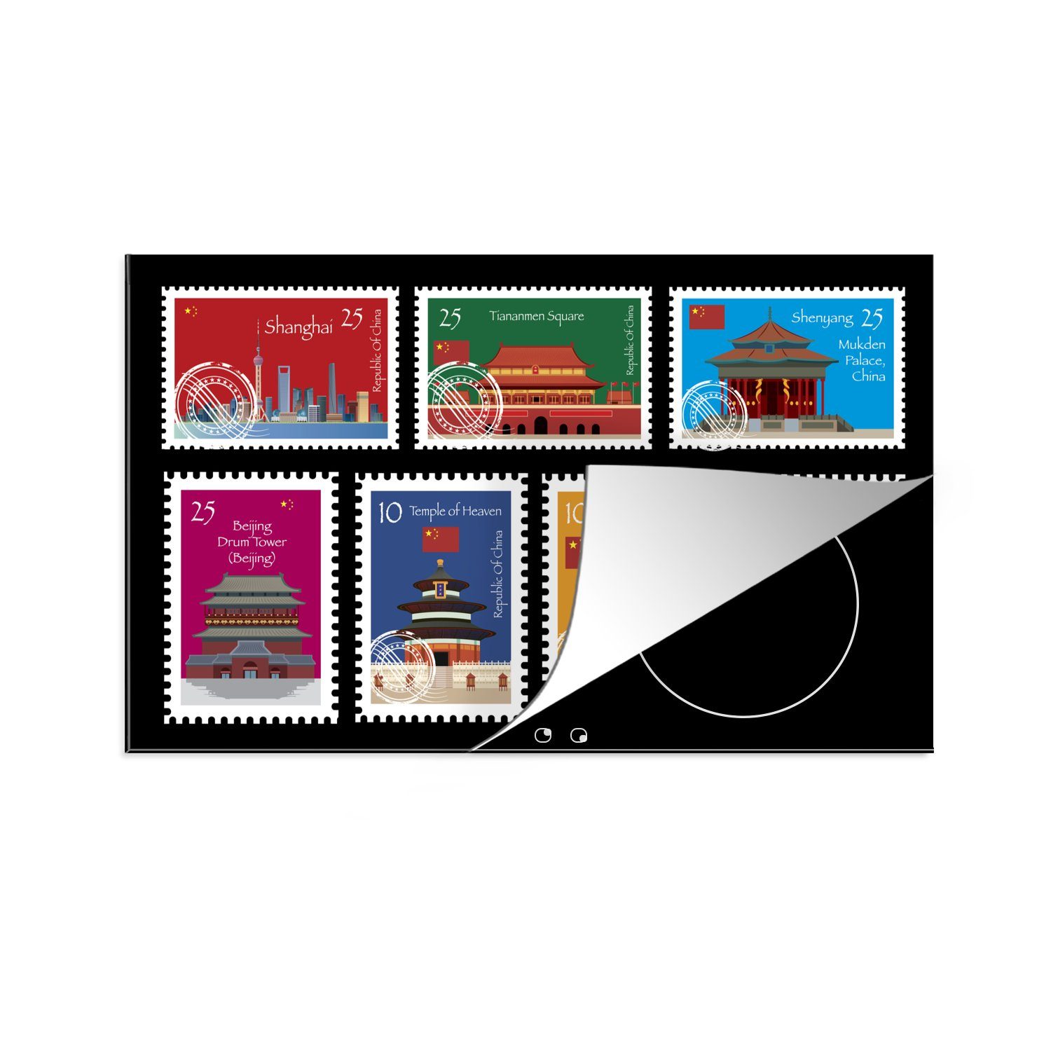 MuchoWow Herdblende-/Abdeckplatte Eine Illustration von Briefmarken aus China, Vinyl, (1 tlg), 83x51 cm, Ceranfeldabdeckung, Arbeitsplatte für küche