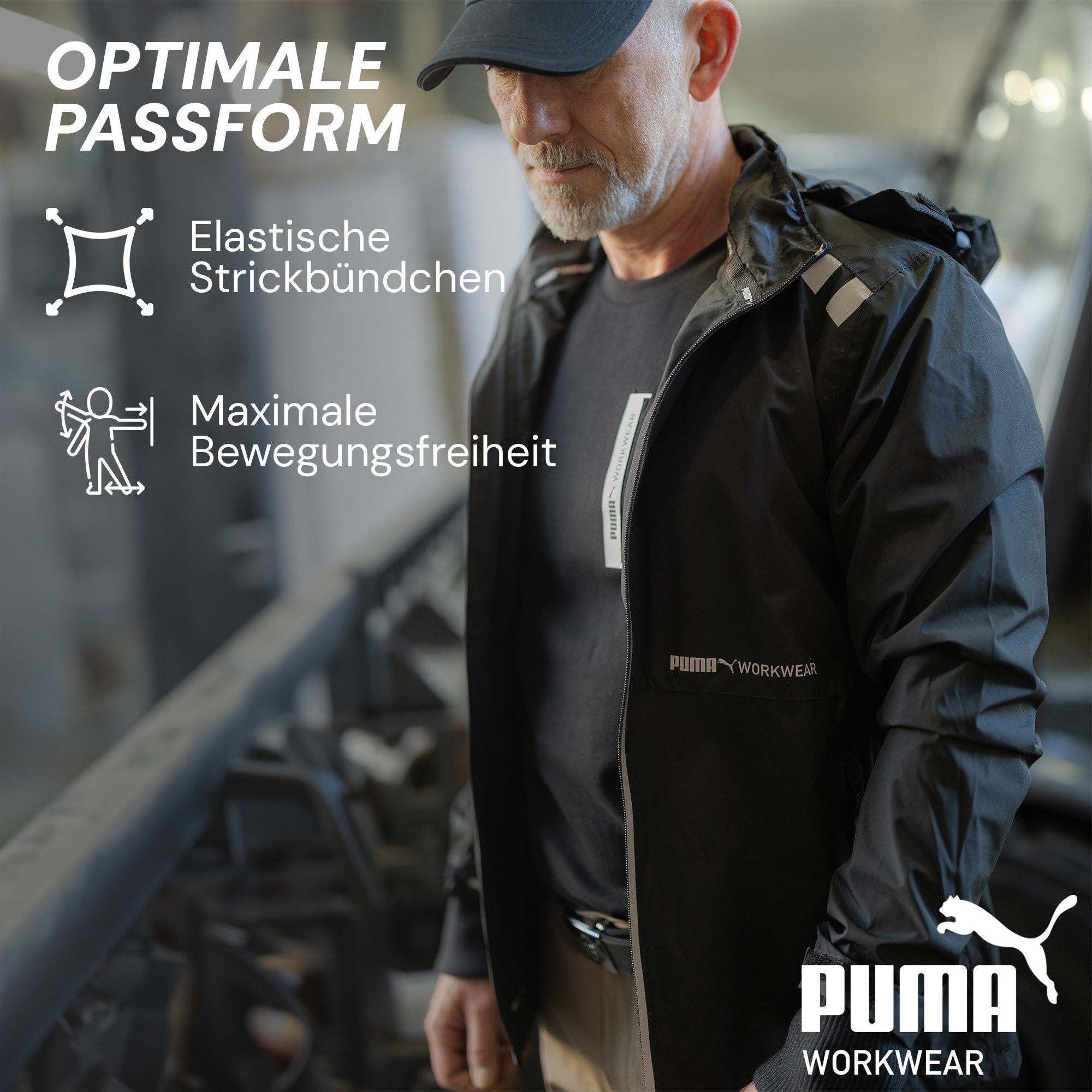 PUMA Workwear Regenjacke Herren - Wasserdicht - Leichter Windbreaker Fahrradjacke mit Kapuze Robuste und Atmungsaktive Arbeitsjacke für Handwerk & Bauarbeit – Bild 4 von 5