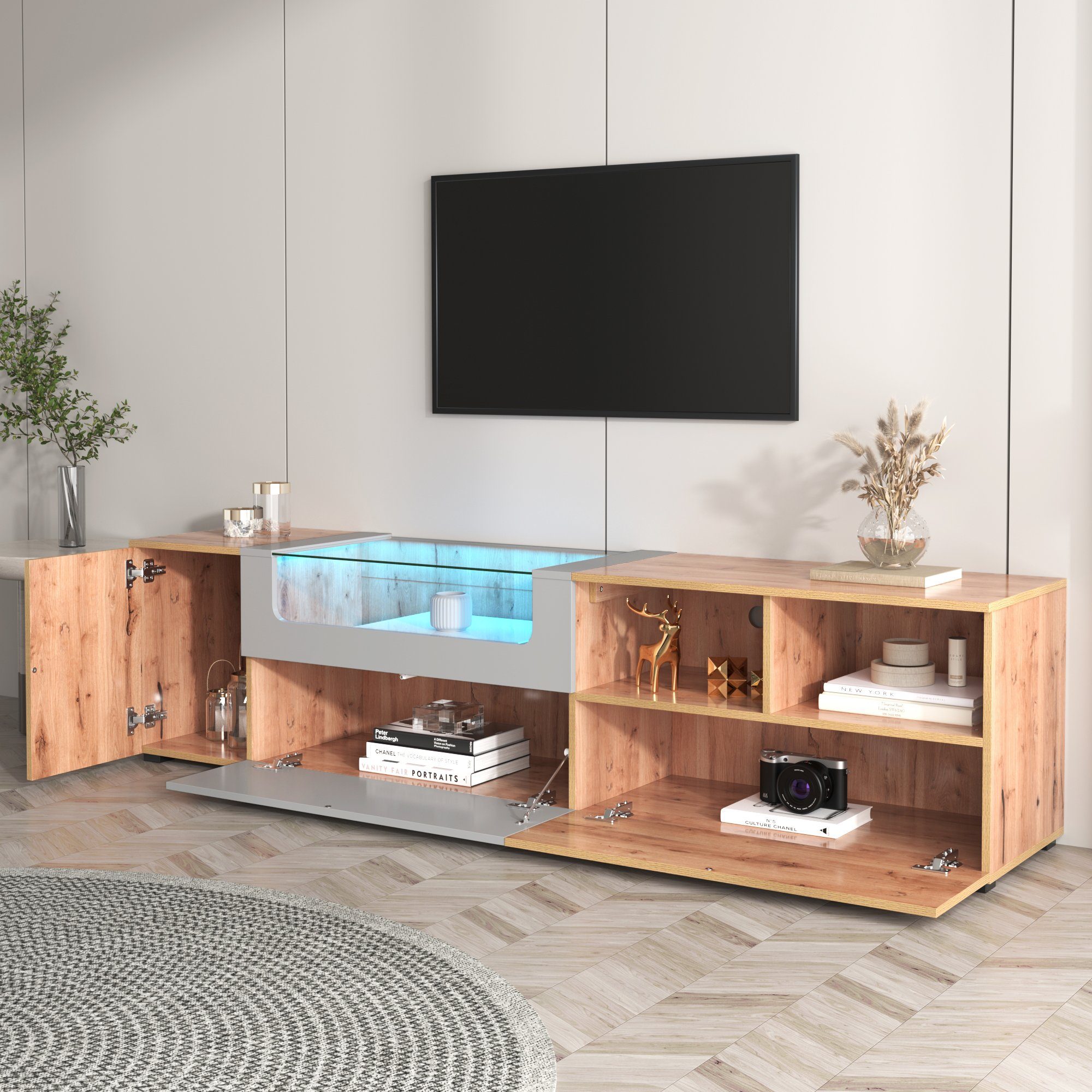 moderner klassischer 190 x KLAM Fernsehschrank Kommode Eicheholzfarbe x 48 Fernseher HOME 40 Wohnzimmer TV-Schrank Lowboard (für Schlafzimmer), holz/hellgrau TV-Board für
