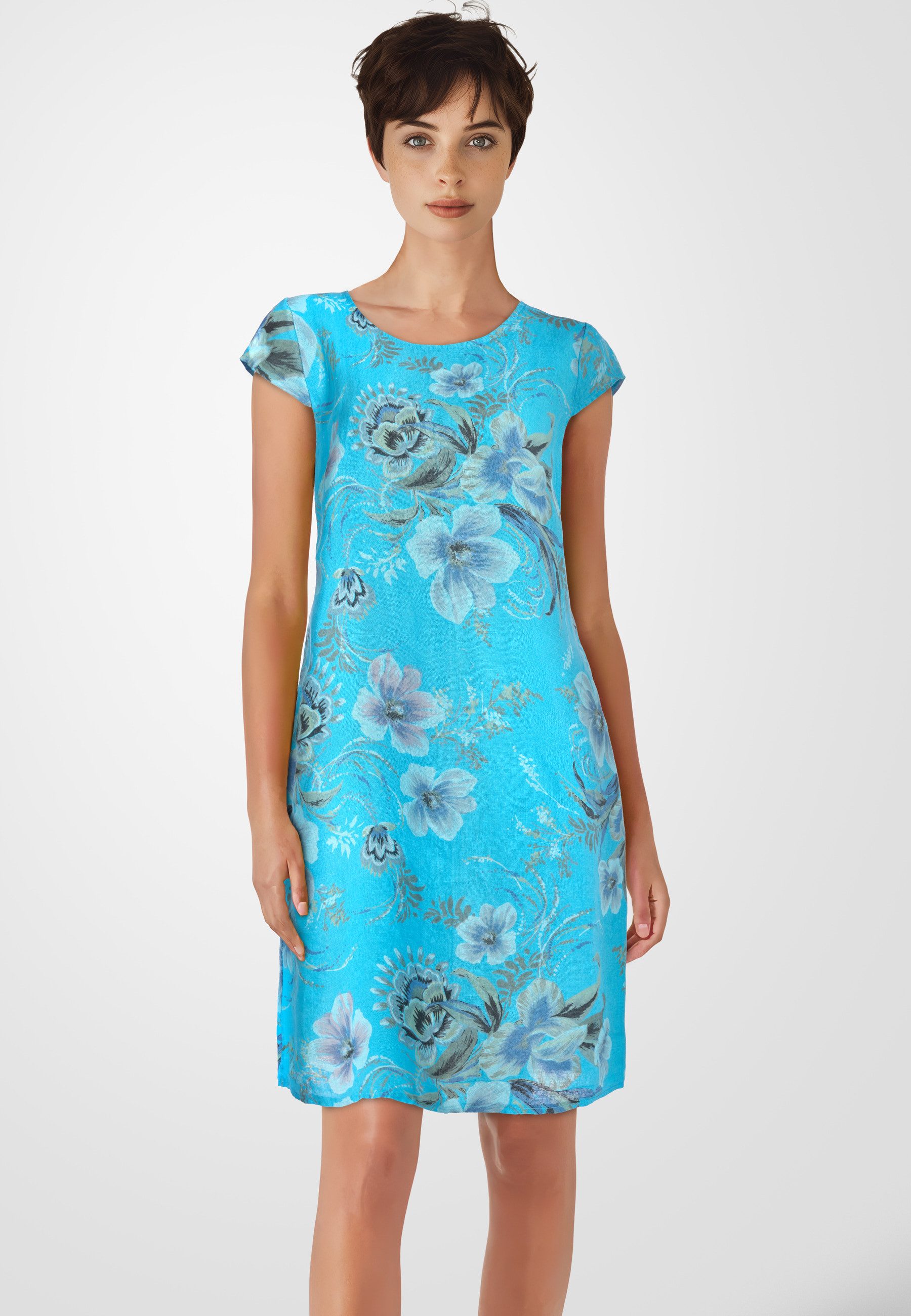 PEKIVESSA Sommerkleid Leinenkleid knielang kurzarm (Einzelartikel, 1-tlg) mit Blumenmuster