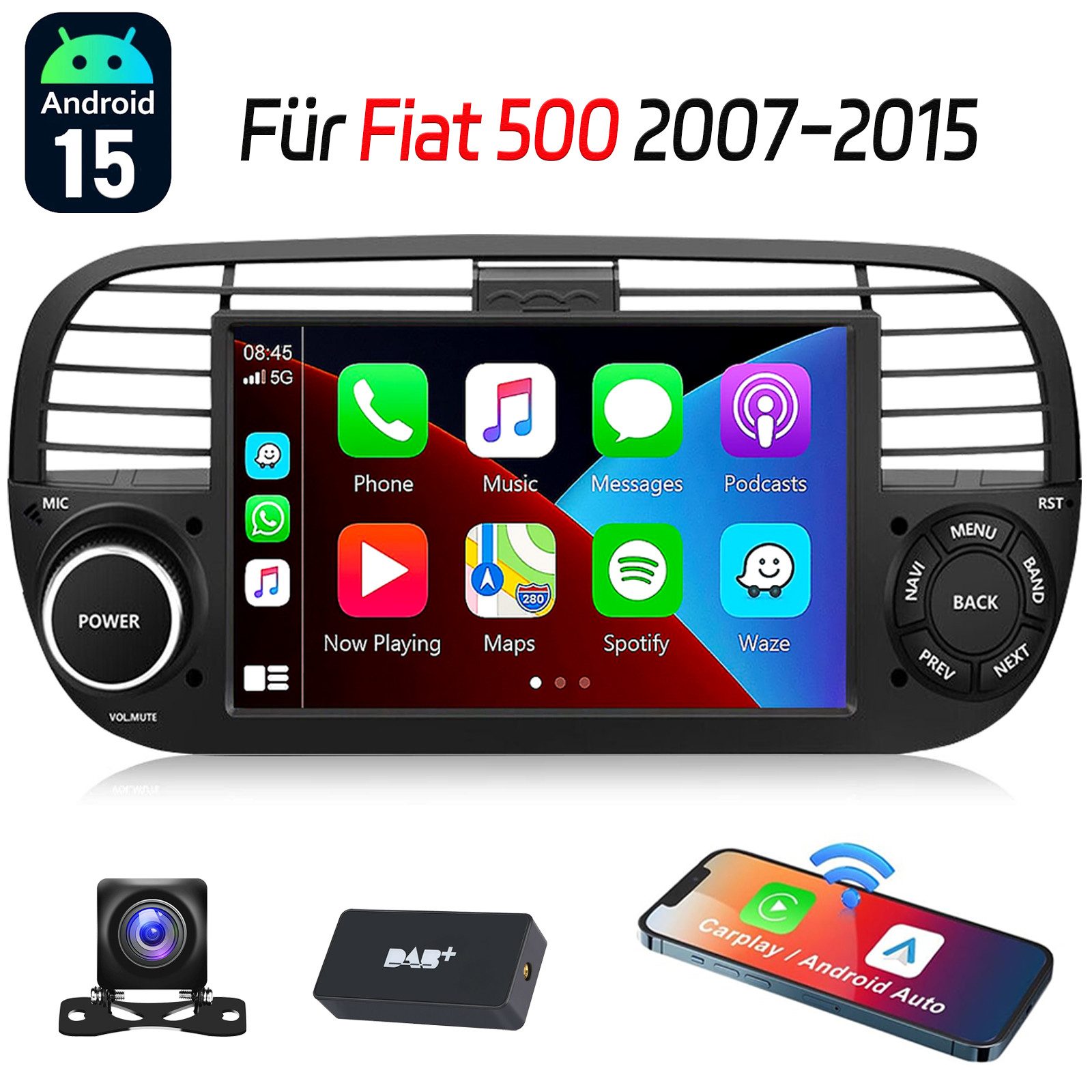 ESSGOO DAB+ Für 2007-15 Fiat 500 7" Android15 Carplay GPS RDS NAVI 4+64GB Autoradio (FM, RDS, 4+64GB(optional), DAB+ (optional), DAB (optional), Touchscreen GPS Navi Apple Carplay & Android Auto)