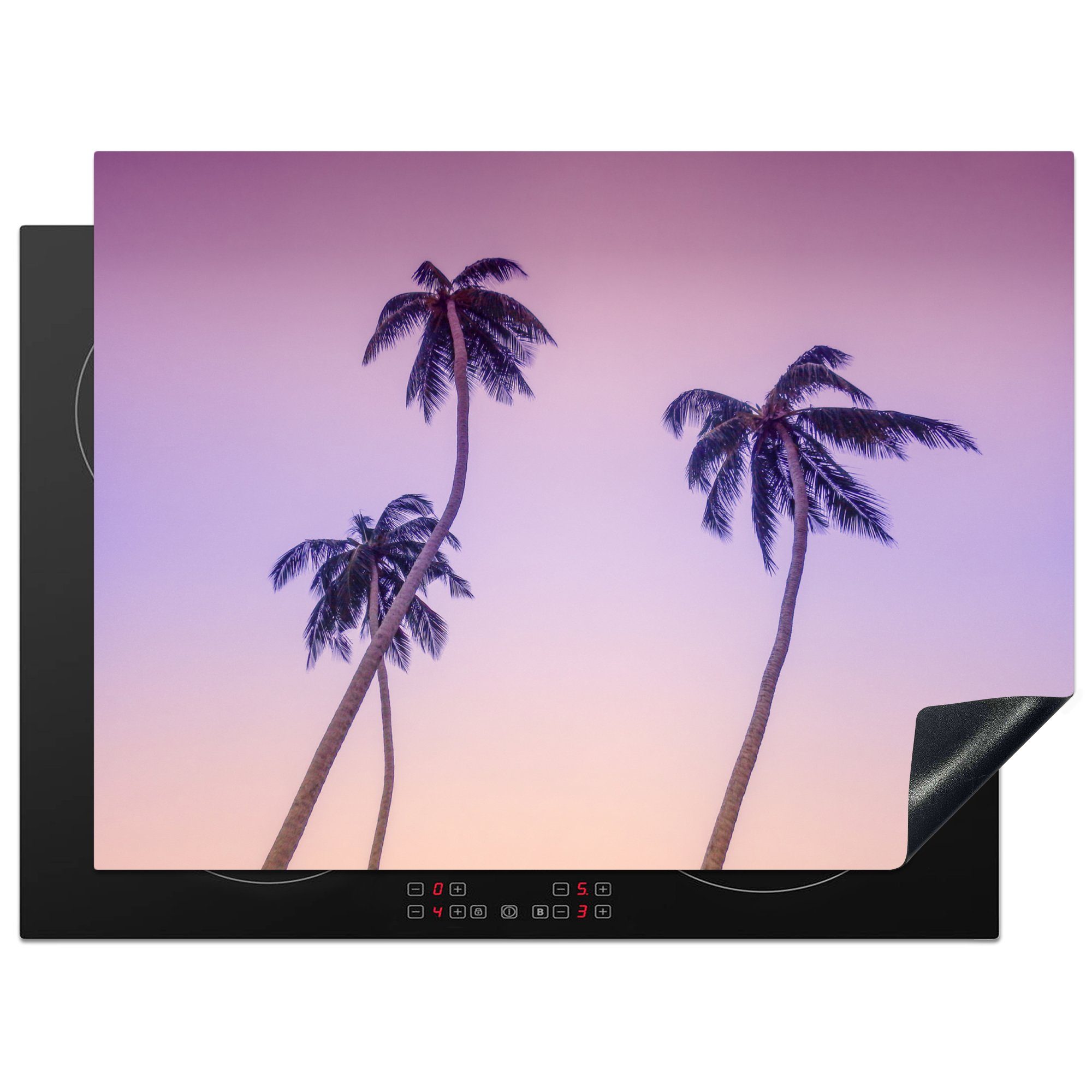 MuchoWow Herdblende-/Abdeckplatte Silhouetten von sich windenden Palmen vor einem farbigen Himmel, Vinyl, (1 tlg), 70x52 cm, Mobile Arbeitsfläche nutzbar, Ceranfeldabdeckung