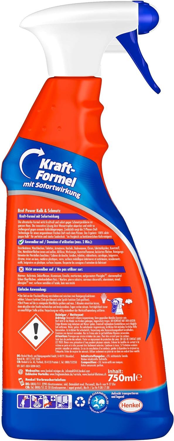 Bref Power Bref Power Kalk & Schmutz Badreiniger Sprühflasche 750ml Reinigungsspray (1-St. für hygienische Sauberkeit mit Sofortwirkung)