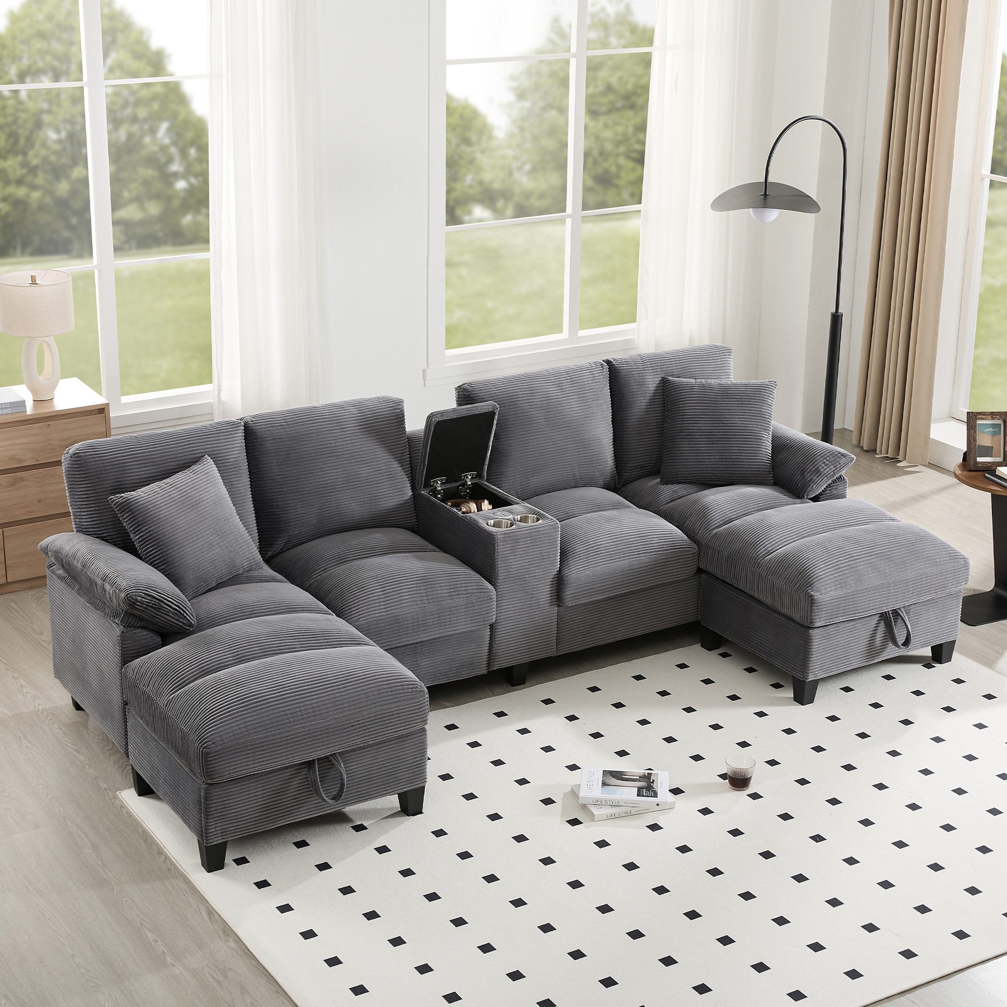 SOFTWEARY Big-Sofa mit Stauraum, Rückenkissen und Zierkissen, 4-Sitzer Sofa mit Getränkehalter, Type-C und USB, inkl. loser Kissen, U‑Form, Cord Bezug