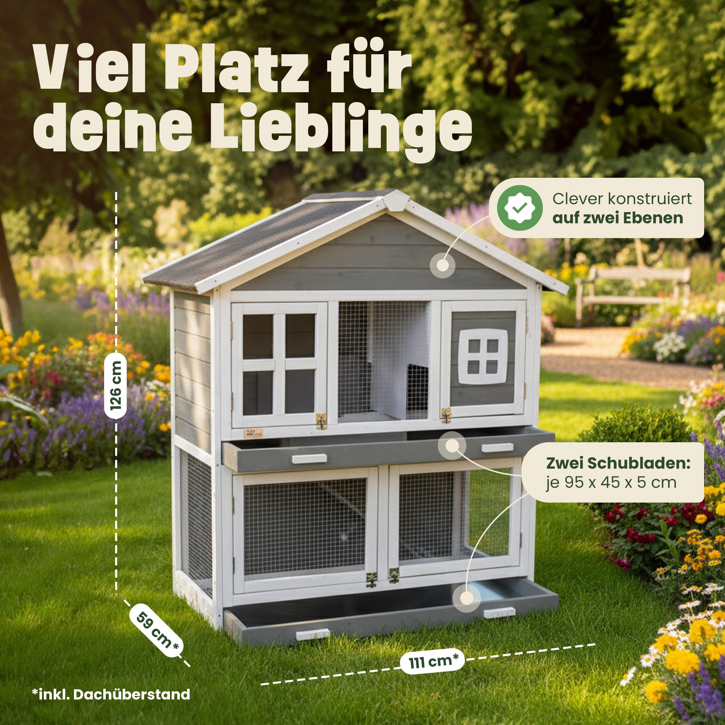 Zooprinz Kleintierstall Kaninchenstall Hasenstall Murmel, 2 Etagen, langlebiges Vollholz, Wetterfest, Winterfest, Abnehmbares Dach, Innovatives Design
