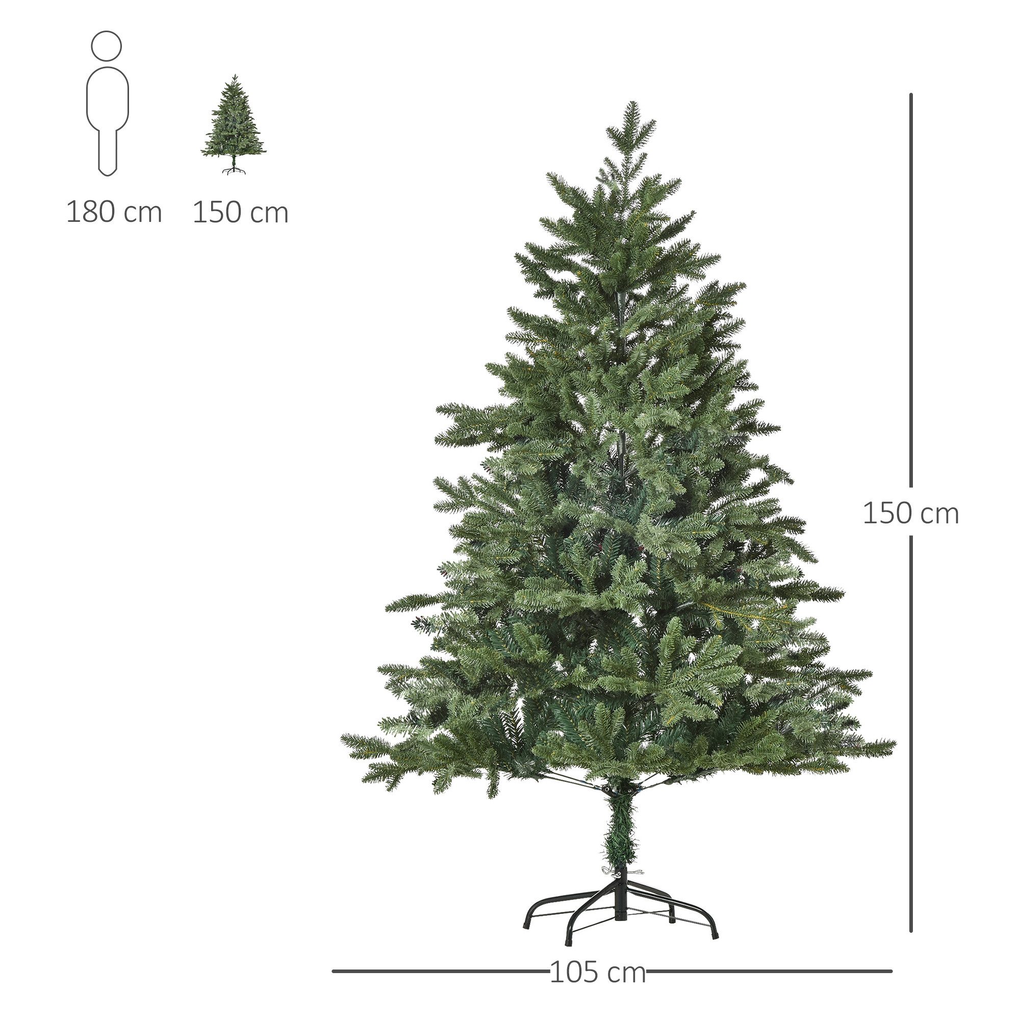 HOMCOM Künstlicher Weihnachtsbaum Tannenbaum künstlich mit 748 Spitzen,3 verschiedenen Blätterformen, Tannenbaum, Grün, Ø105 x 150 cm