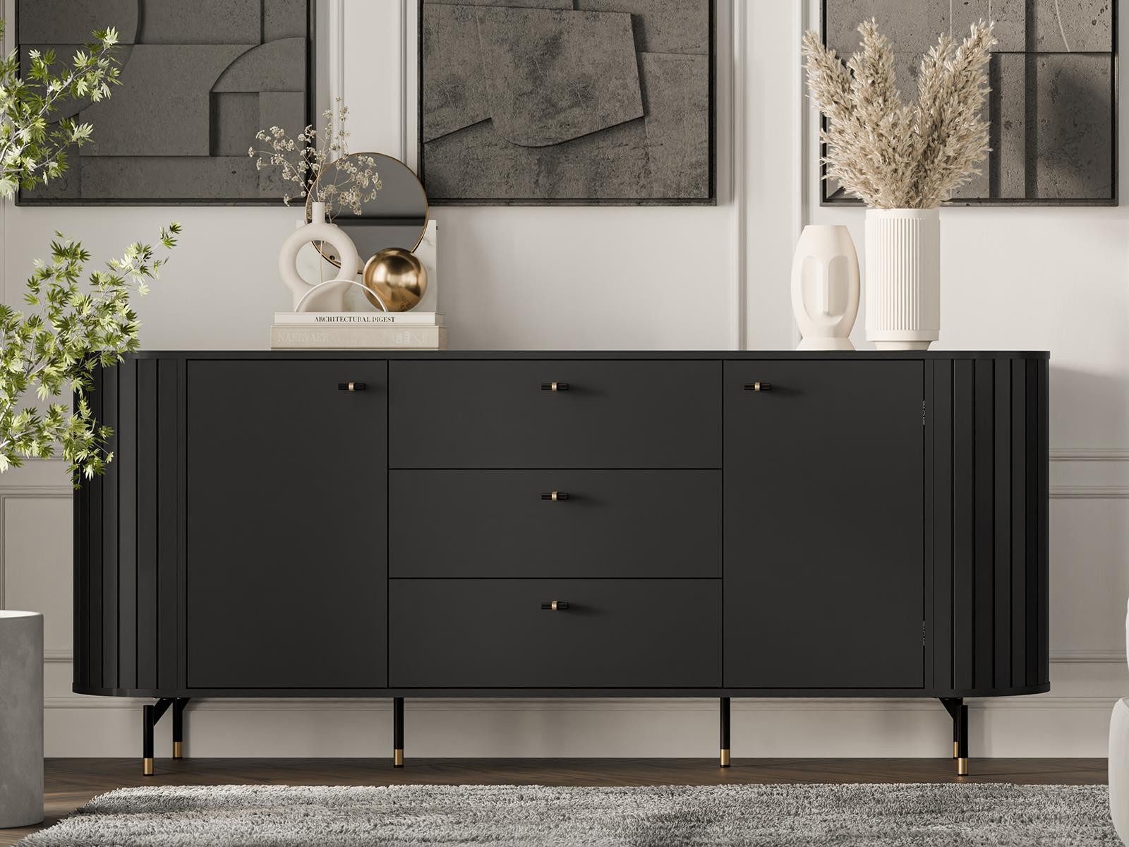 Compleo Kommode 190 cm breit, Kommode mit 3 Schubladen und zwei Türen MODERNO