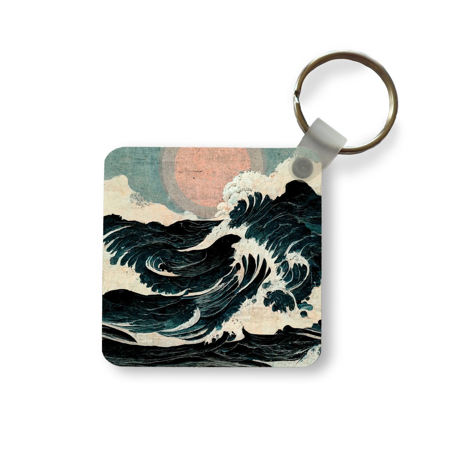 MuchoWow Schlüsselanhänger Jahrgang - Meer - Wellen - Sonne, Quadratisch, Accessoire Auto / Haus / Rucksack / Handtasche, 5x5 cm