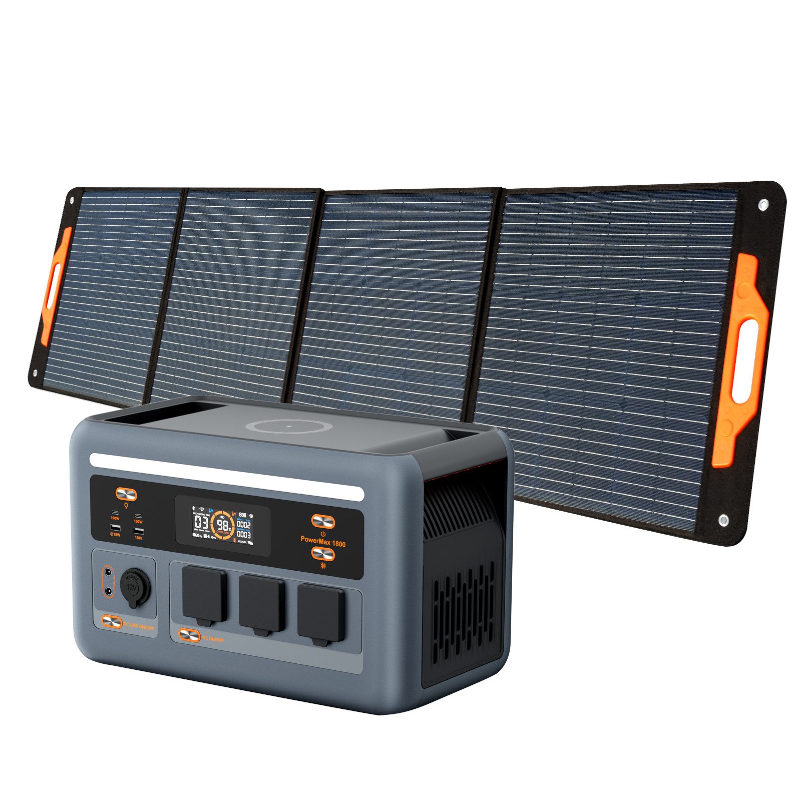 OSCAL Stromerzeuger PowerMax 1800SE Tragbare Powerstation 1800W/1024Wh, 10 Ausgänge, 1,8 in kW, App, WLAN, Bluetooth, USV, 800W Solarladung