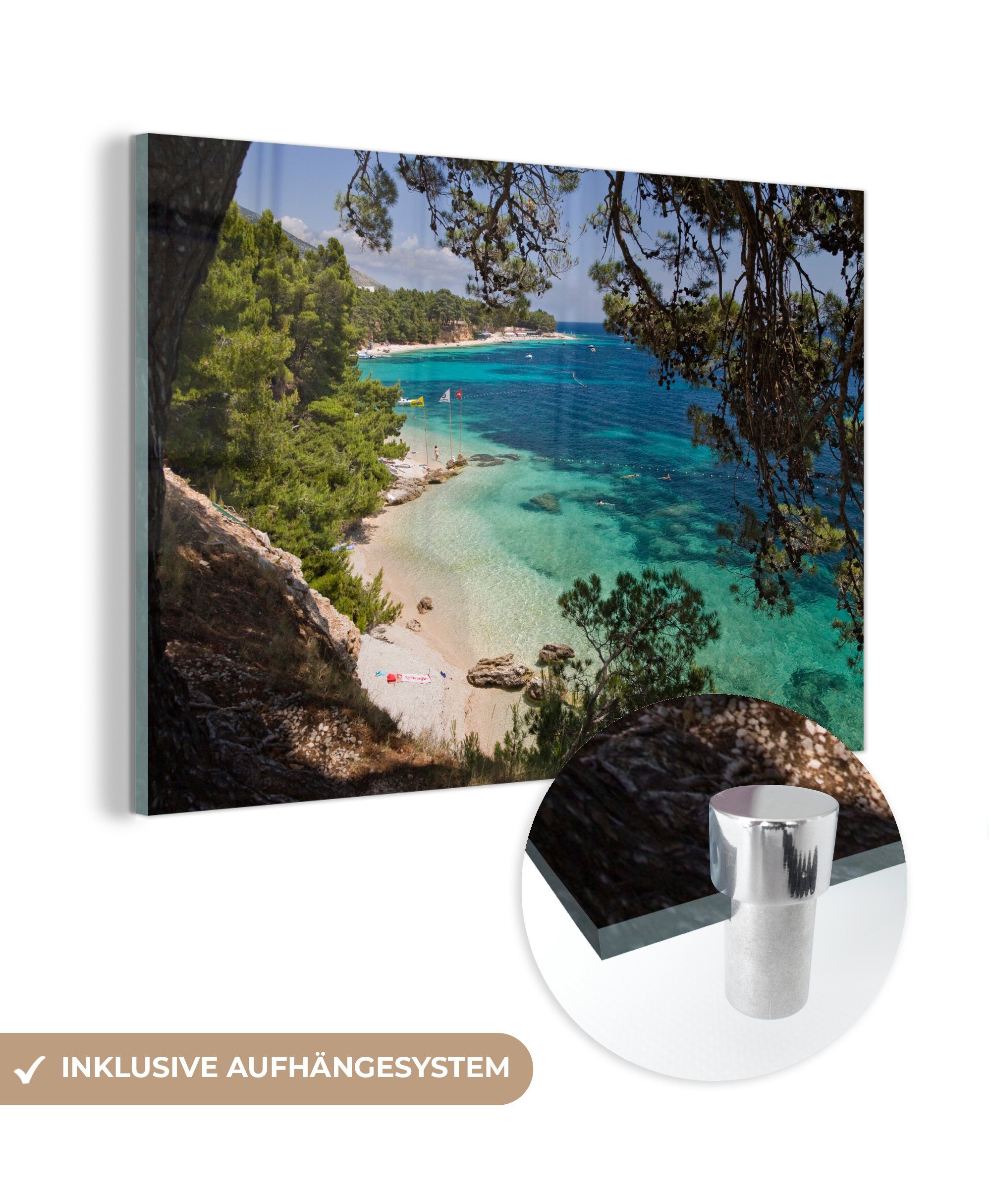 MuchoWow Acrylglasbild Überhängende Bäume am Strand von Zlatni Rat in Kroatien, (1 St), Acrylglasbilder Wohnzimmer & Schlafzimmer