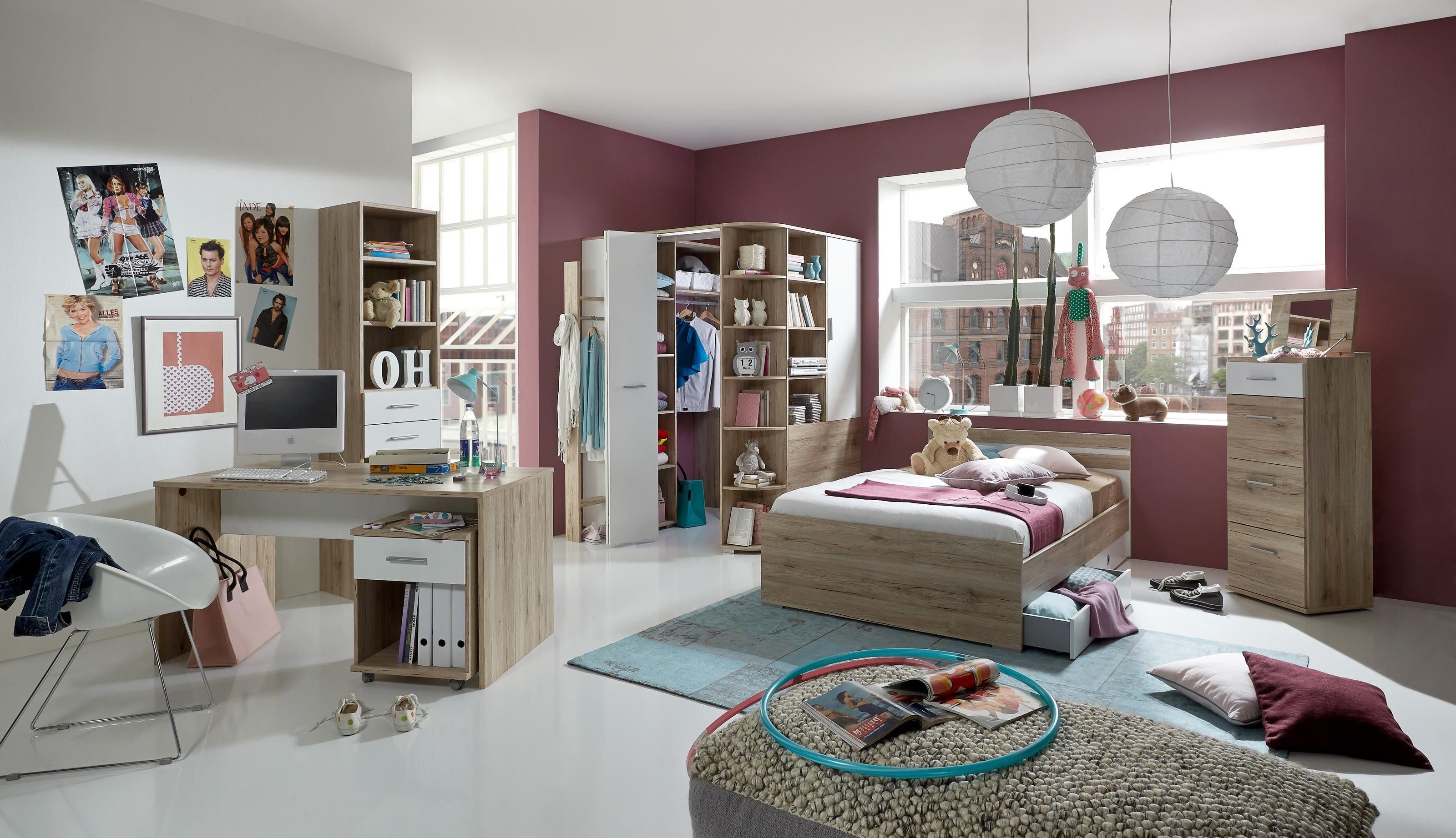 Wimex Bett in San Remo-Eiche-Nachbildung mit Absetzungen in Weiß (B/H/T: 126x71x204 cm)