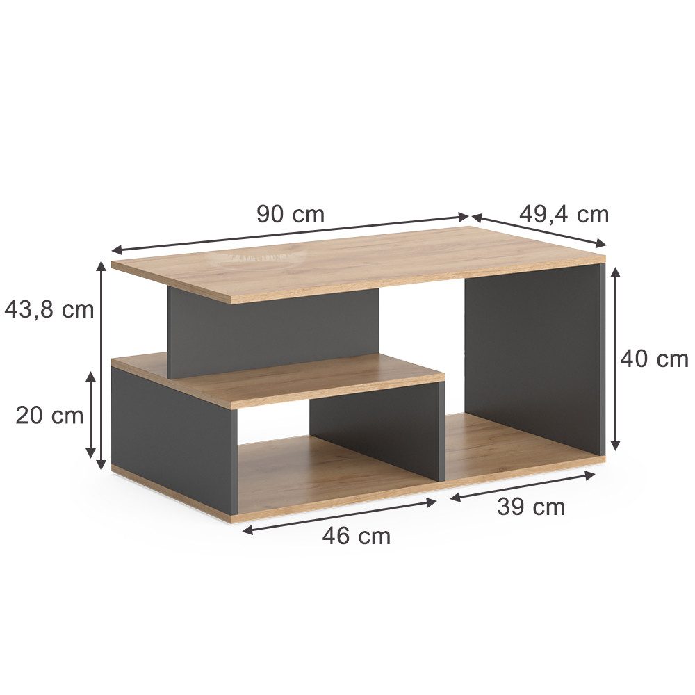 Vicco Couchtisch Hasso, Goldkraft Eiche/Anthrazit, 90 x 49.4 cm günstig online kaufen