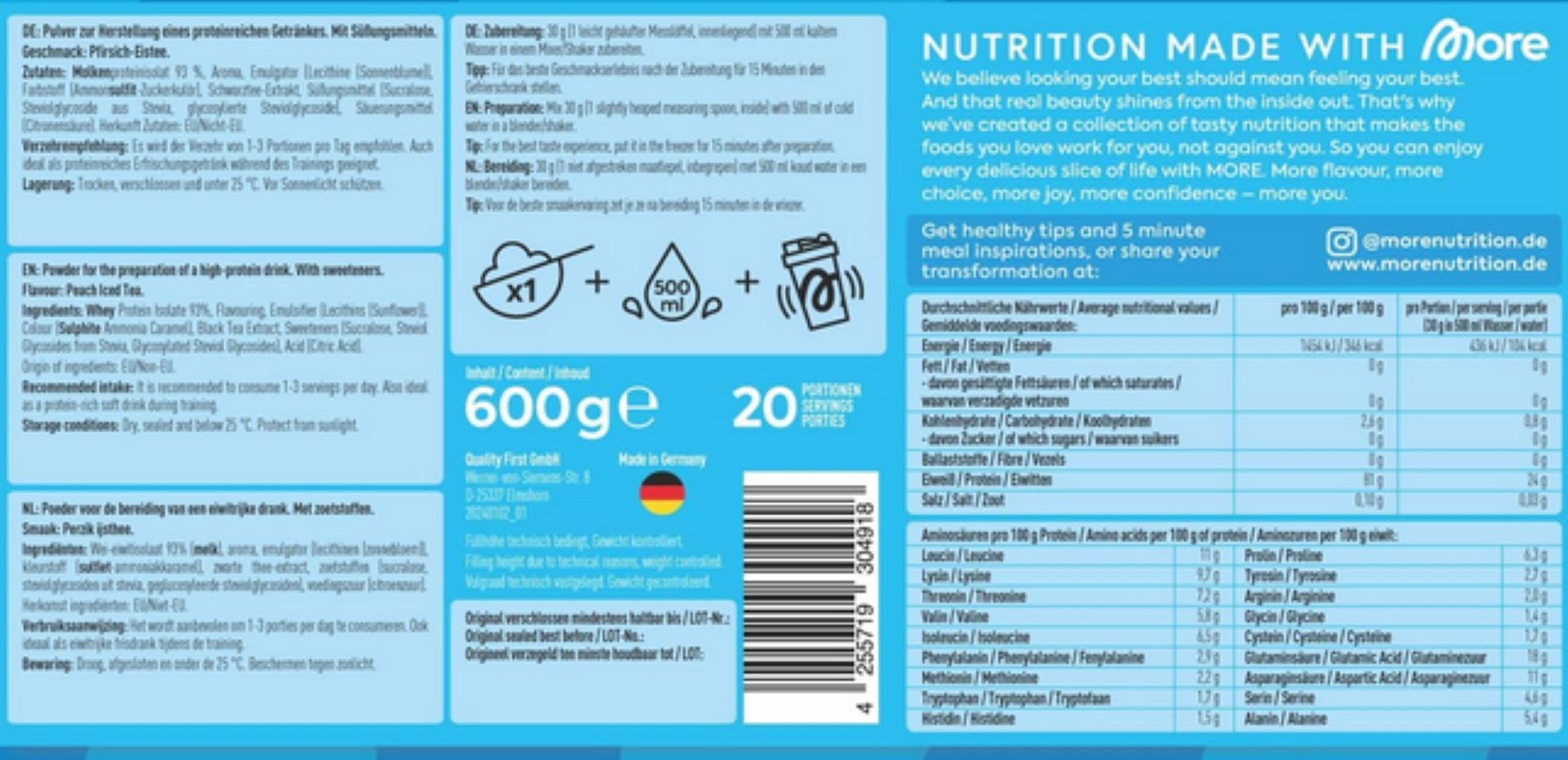 More Nutrition More Clear Protein 600g Pulver, Hoher Proteingehalt