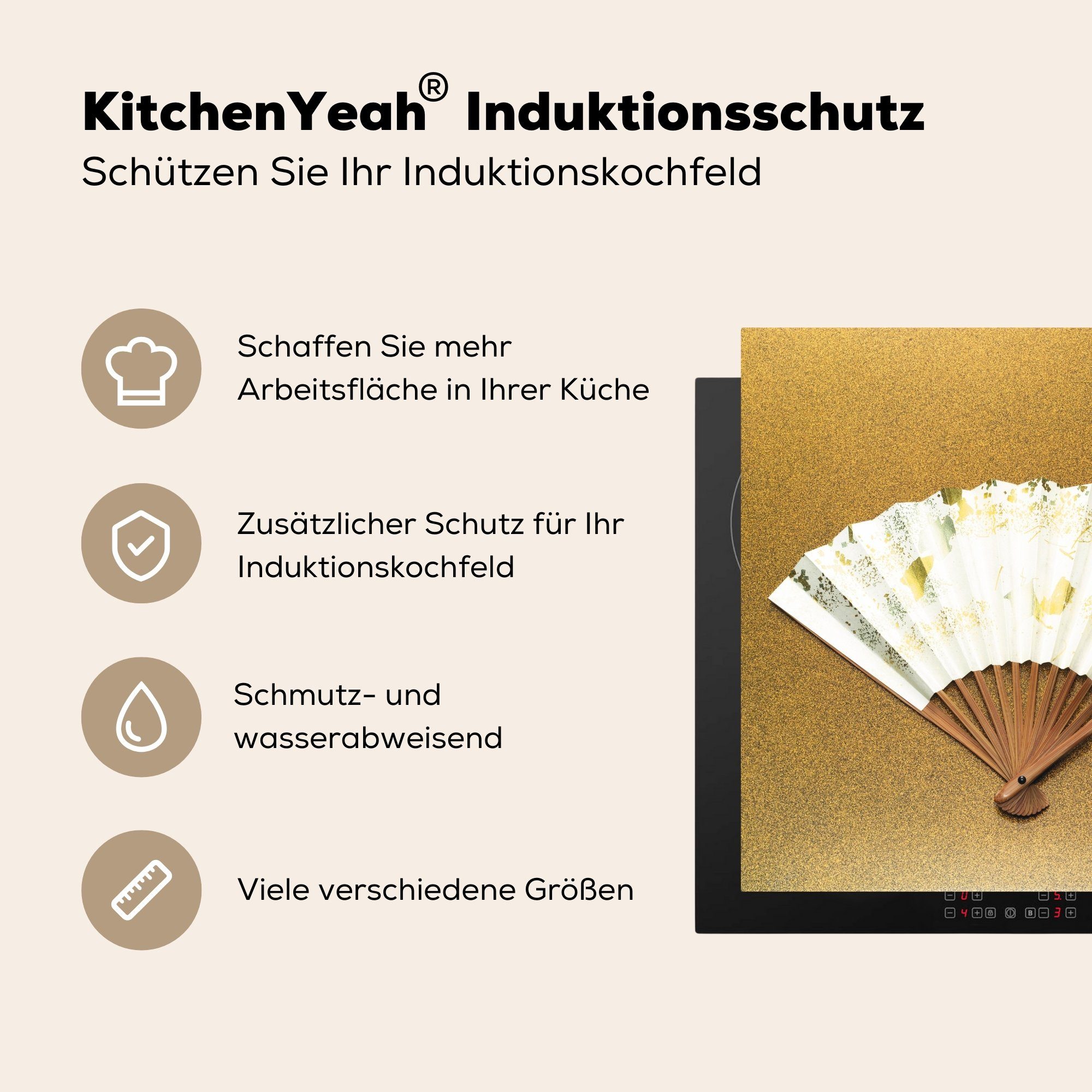 küche MuchoWow 78x78 tlg), für auf Vinyl, (1 Herdblende-/Abdeckplatte cm, Arbeitsplatte Kimono-Fächer Hintergrund, Ceranfeldabdeckung, goldenem