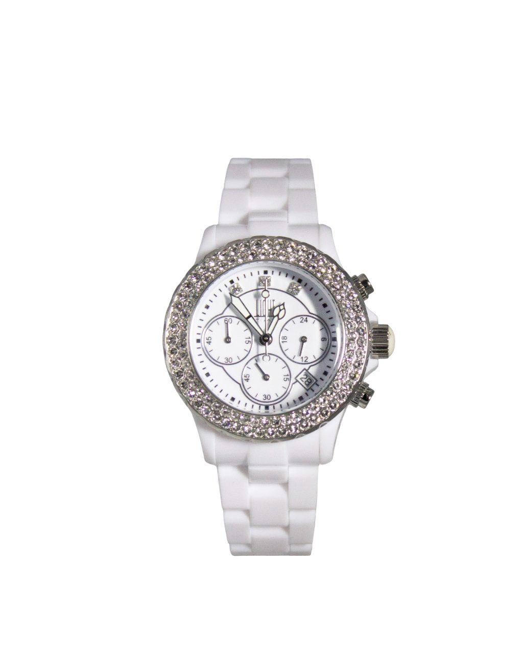 Chronograph Armbanduhr Damen Kunststoff Datum Weiß Zirkonia L074A