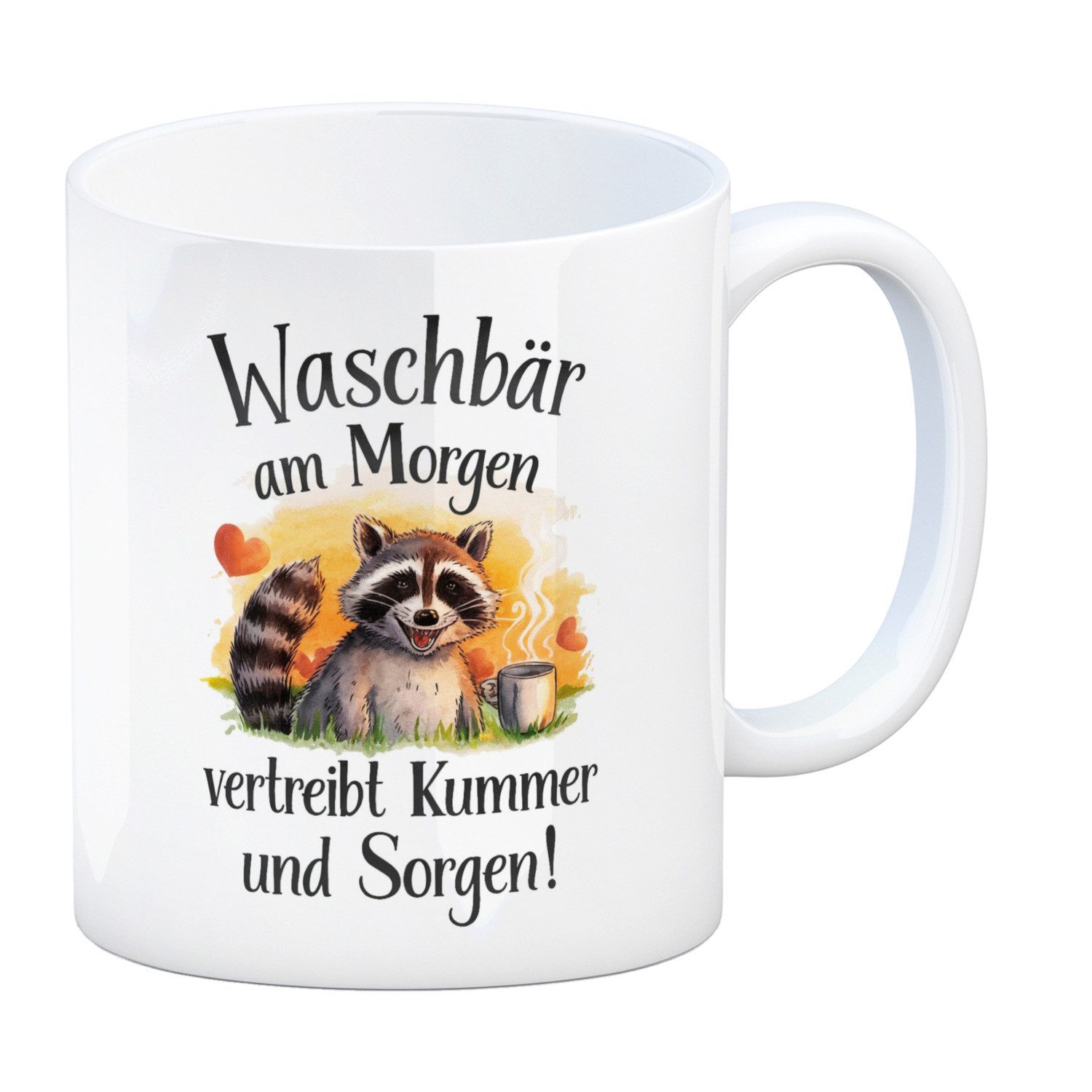 speecheese Tasse Glücklicher Waschbär mit Tasse Kaffeebecher Waschbär am Morgen