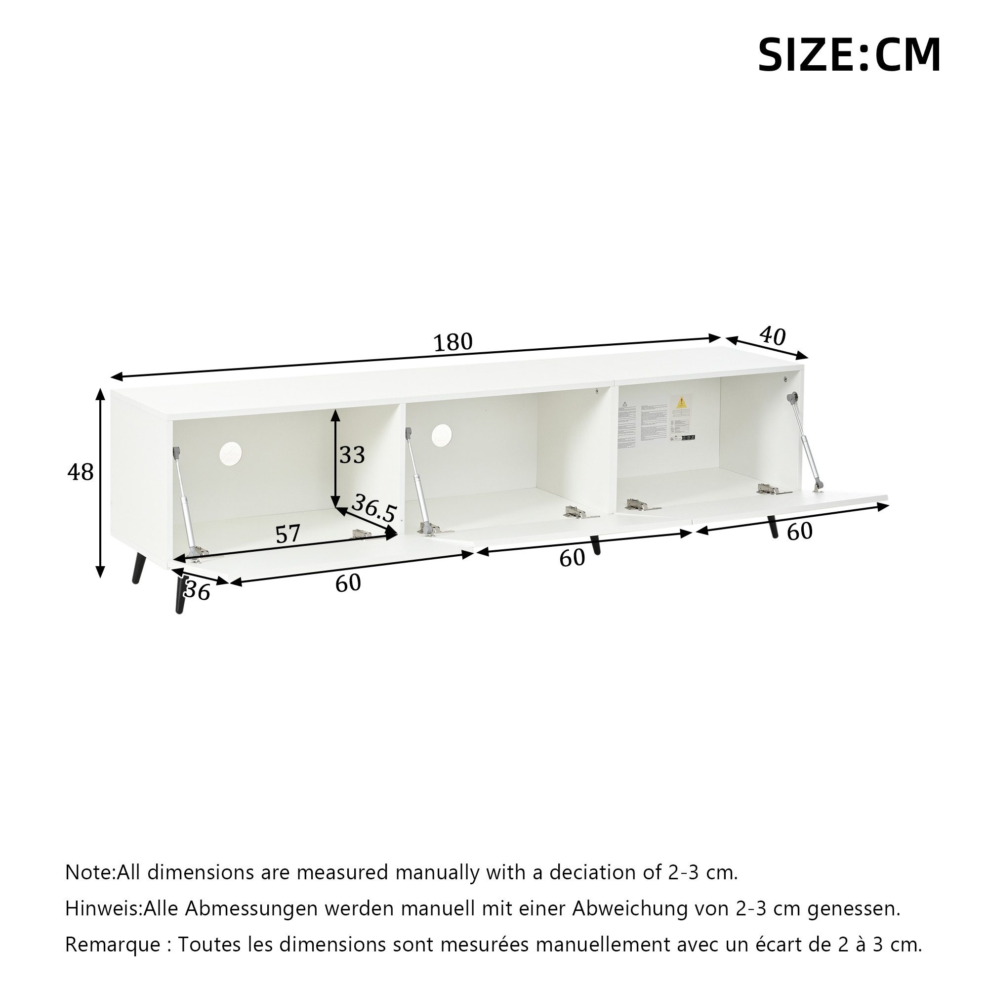KLAM HOME Lowboard Weißer XXL TV-Schrank 180cm für bis 80 Zoll mit 3 Klapptüren (Lowboard mit 3D-Druck Design & riesigem Stauraum aus MDF), Modernes Wohnzimmer TV-Board mit platzsparender Klapptechnik