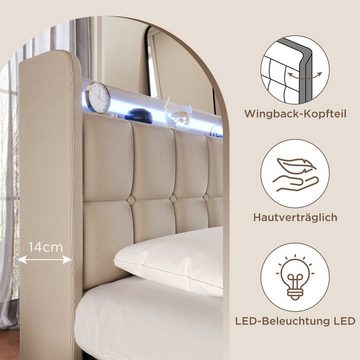 Fangqi Polsterbett Doppelbett mit USB-Ladeanschluss, LED-Beleuchtung, Schublade x 4 (Mit 4 Schubladen, farblich einstellbarer LED-Beleuchtung, Kopfteil mit Steckdosen und USB-Anschlüssen)