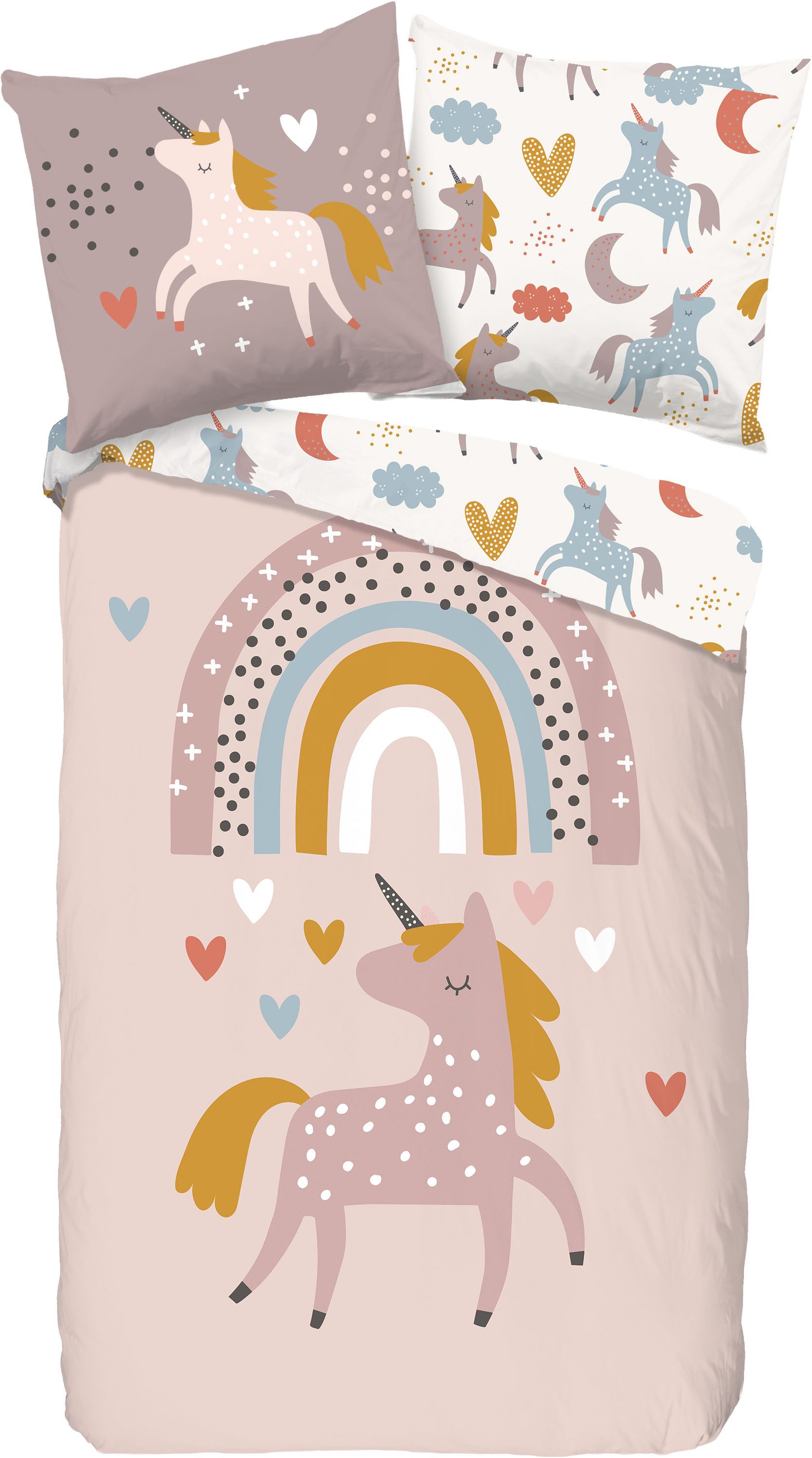 good morning Kinderbettwäsche Unilove, Renforcé, 2 teilig, Baumwolle, 135x200, Reißverschluss, Wende, Kind Mädchen, Einhorn, Rosa