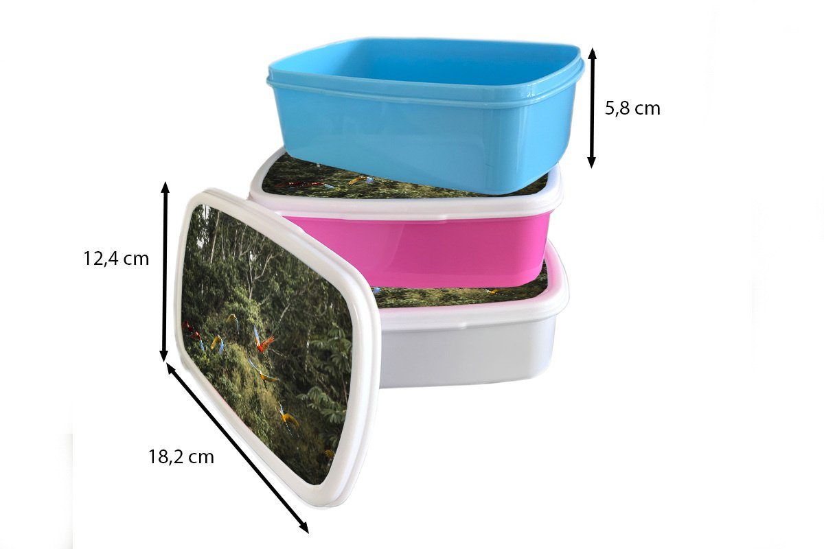 Lunchbox und weiß Brotbox Brotdose, Jungs für und Erwachsene, MuchoWow Fliegen Kunststoff, - Wald, für Mädchen Papageien Kinder (2-tlg), -