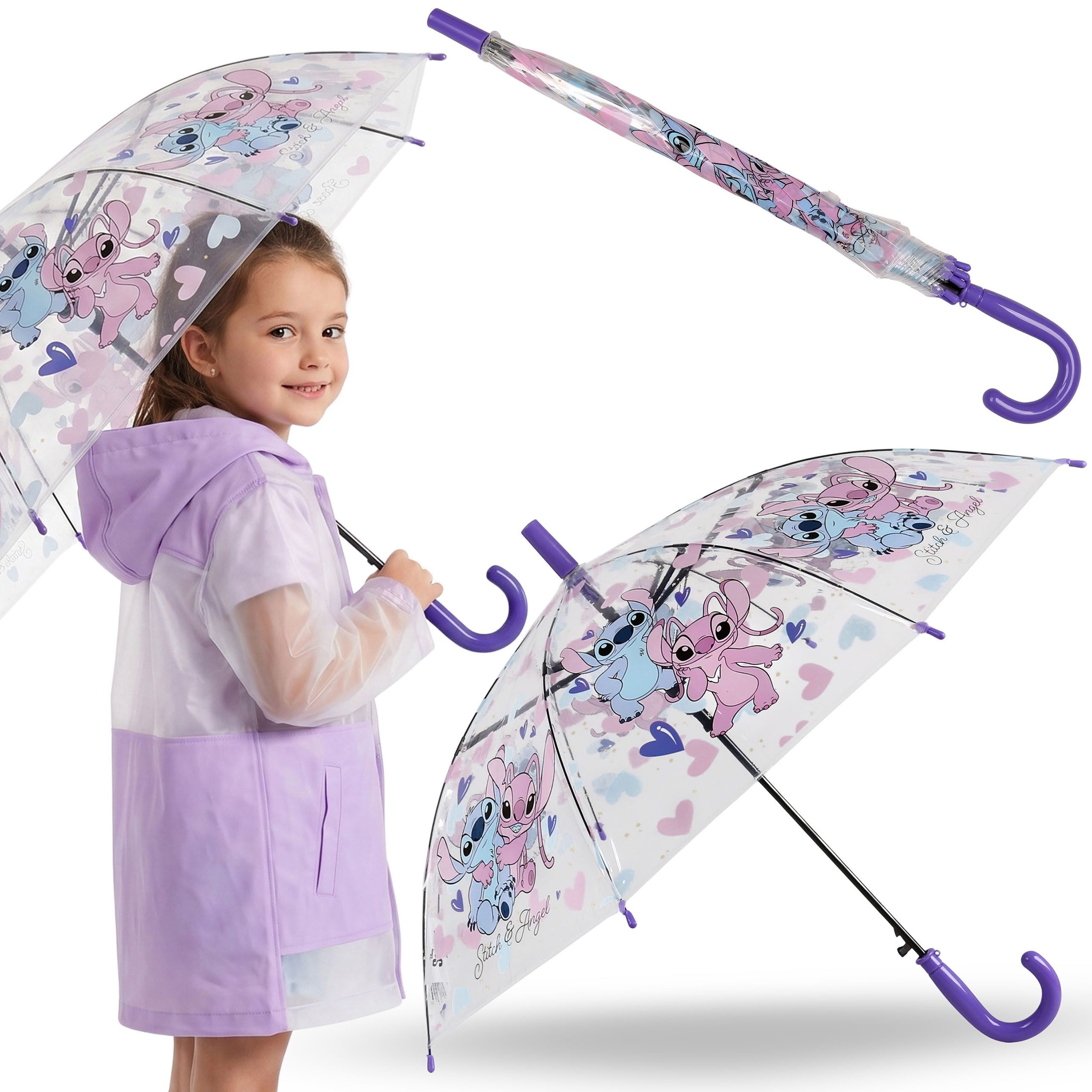 Sarcia.eu Taschenregenschirm DISNEY Stitch Kinderregenschirm, transparenter FALTBARER AUTOMATISCHER