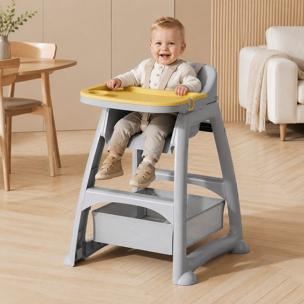 KLAM HOME Kinderstuhl Kinderhochstuhl mit 3 austauschbaren Platten & 5-Punkt-Sicherheitsgurt (Hochstuhl für 6 Monate – 3 Jahre, bis 40 kg mit feststellbaren Rädern), Kindersitz mit abnehmbarem Tablett, geeignet für Haushalt