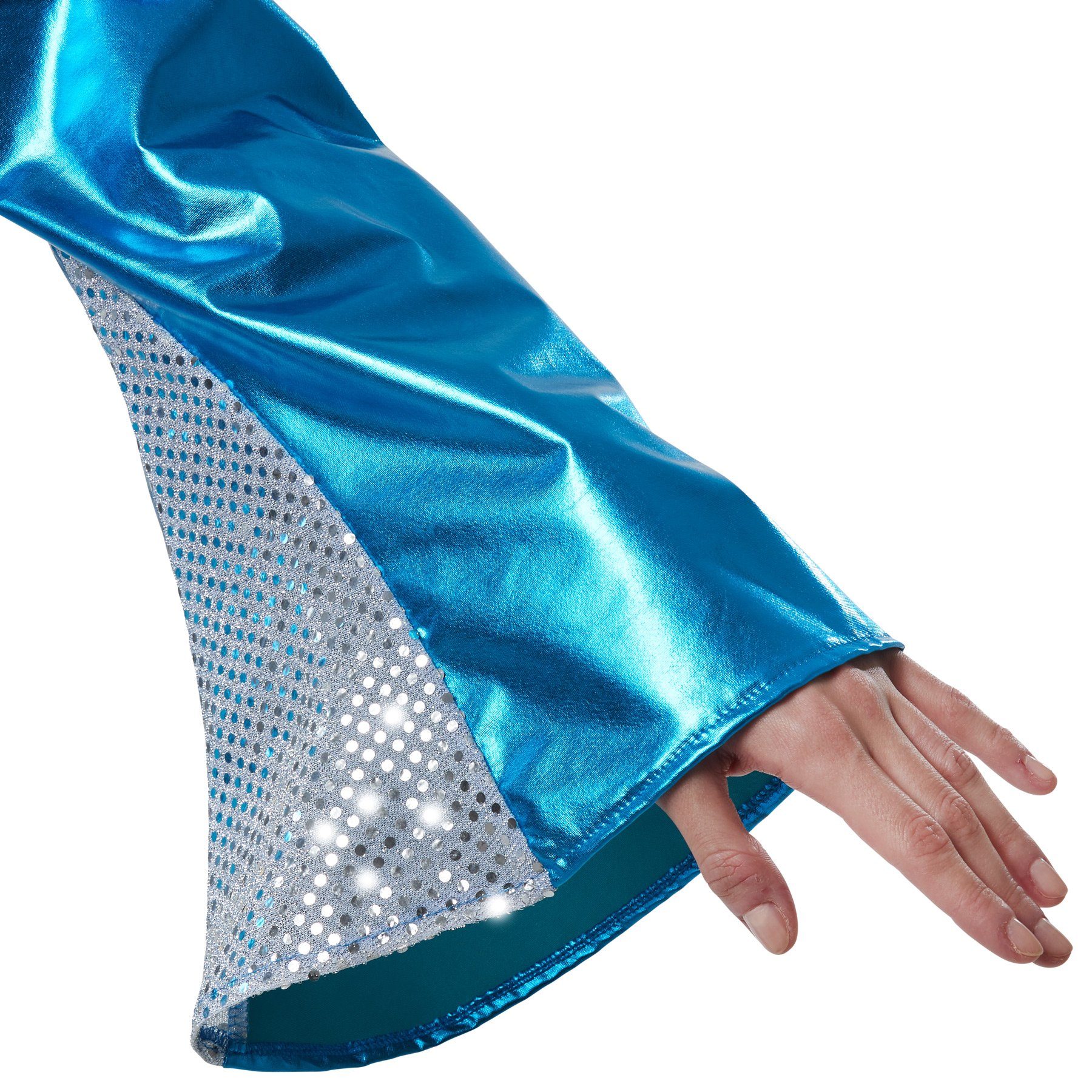 dressforfun Hippie-Kostüm Frauenkostüm Disco Starlet, Einteiler aus neonblauem Glanzstoff
