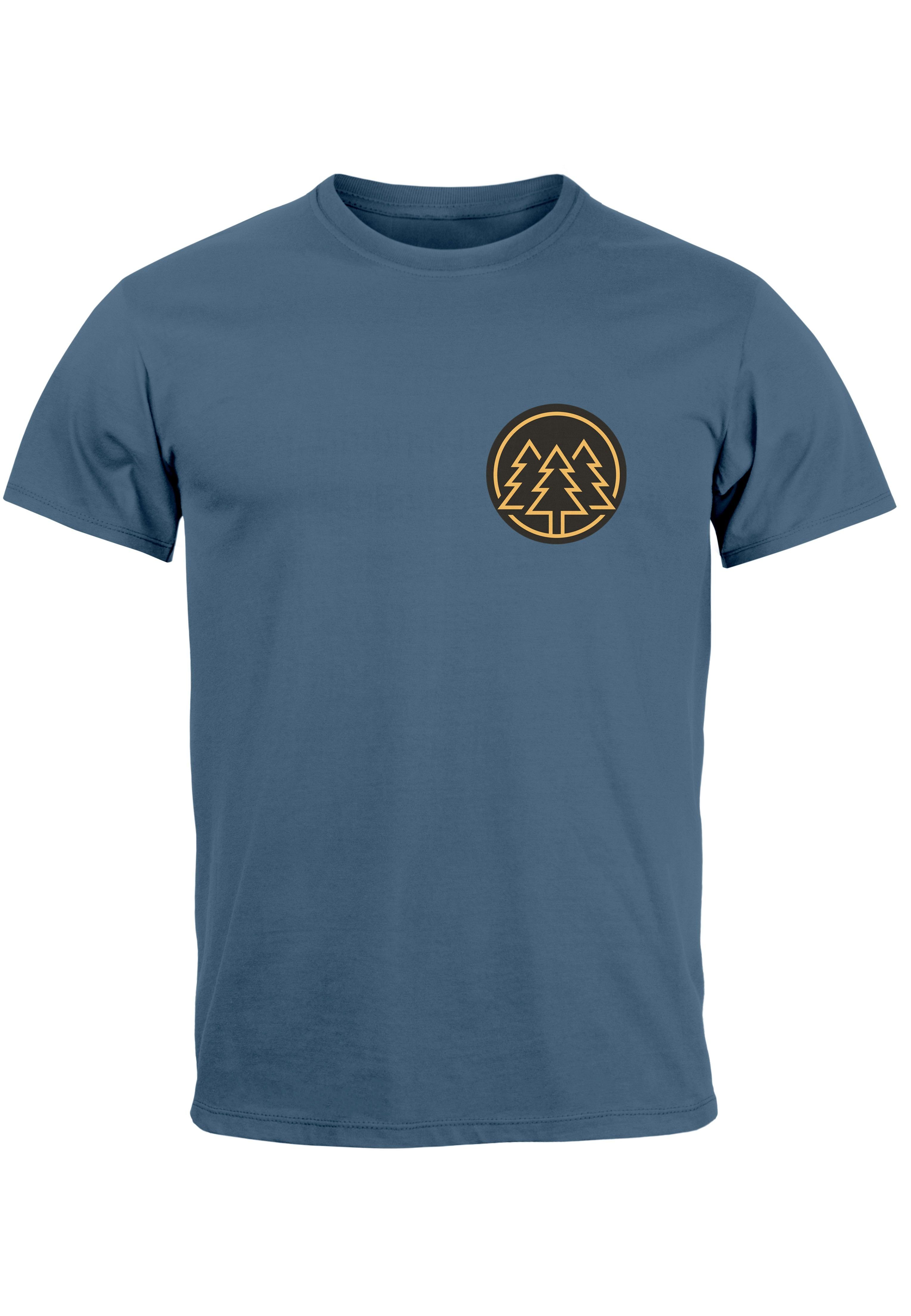 Neverless Print-Shirt Herren T-Shirt Print Logo Wald Bäume Outdoor Wandern Motiv Fashion Str mit Print denim blue