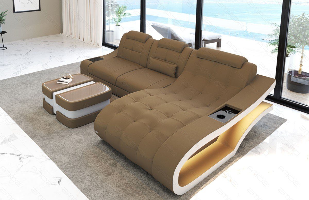 M Stoff mit LED, Sofa, Form cappuccino-weiß Polster Stoffsofa Elegante mit Couch Dreams - wahlweise Sofa L Ecksofa Bettfunktion